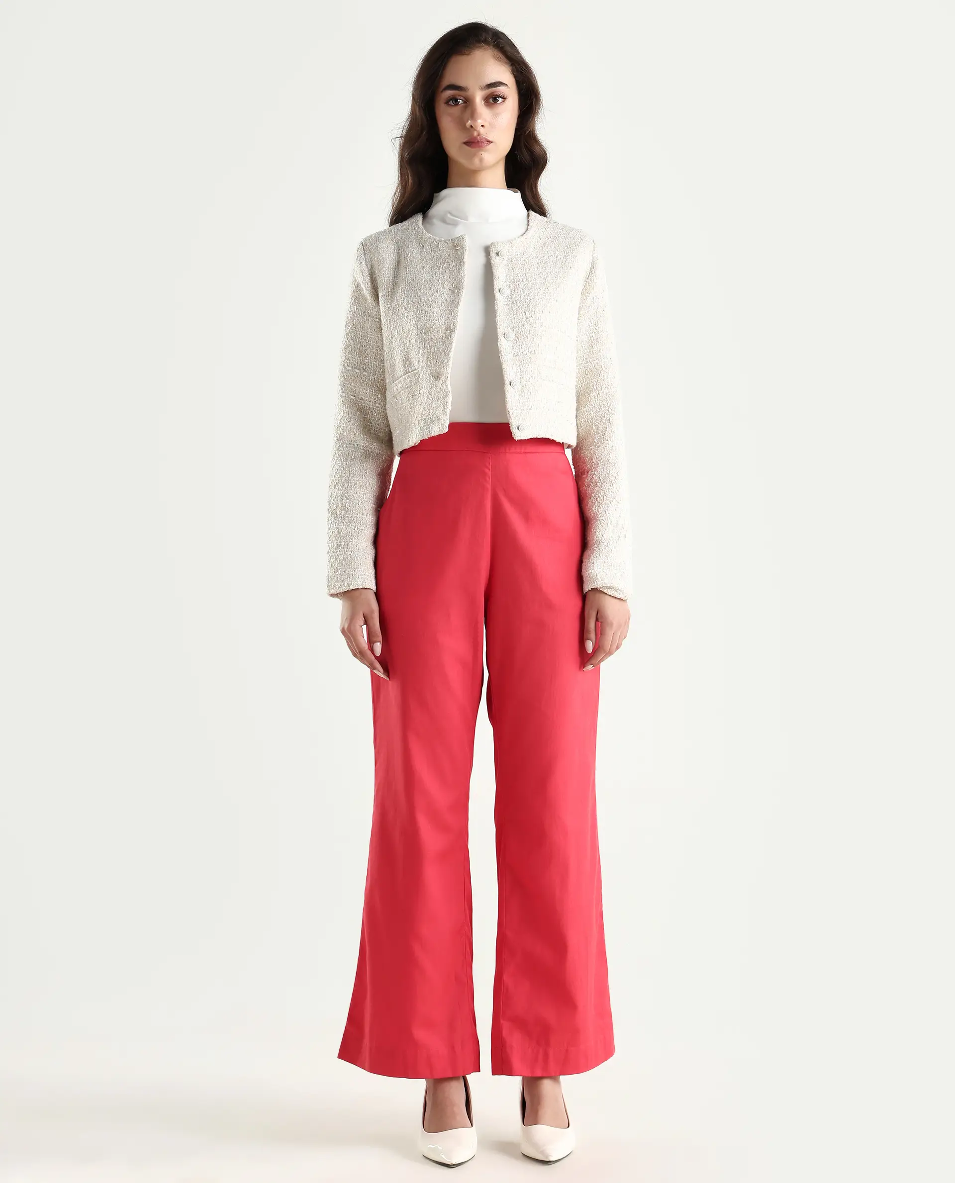 Rareism Women's Varese Light Orange Cotton Blend Plain Ankle Length Wide Leg Trouser - Image 3