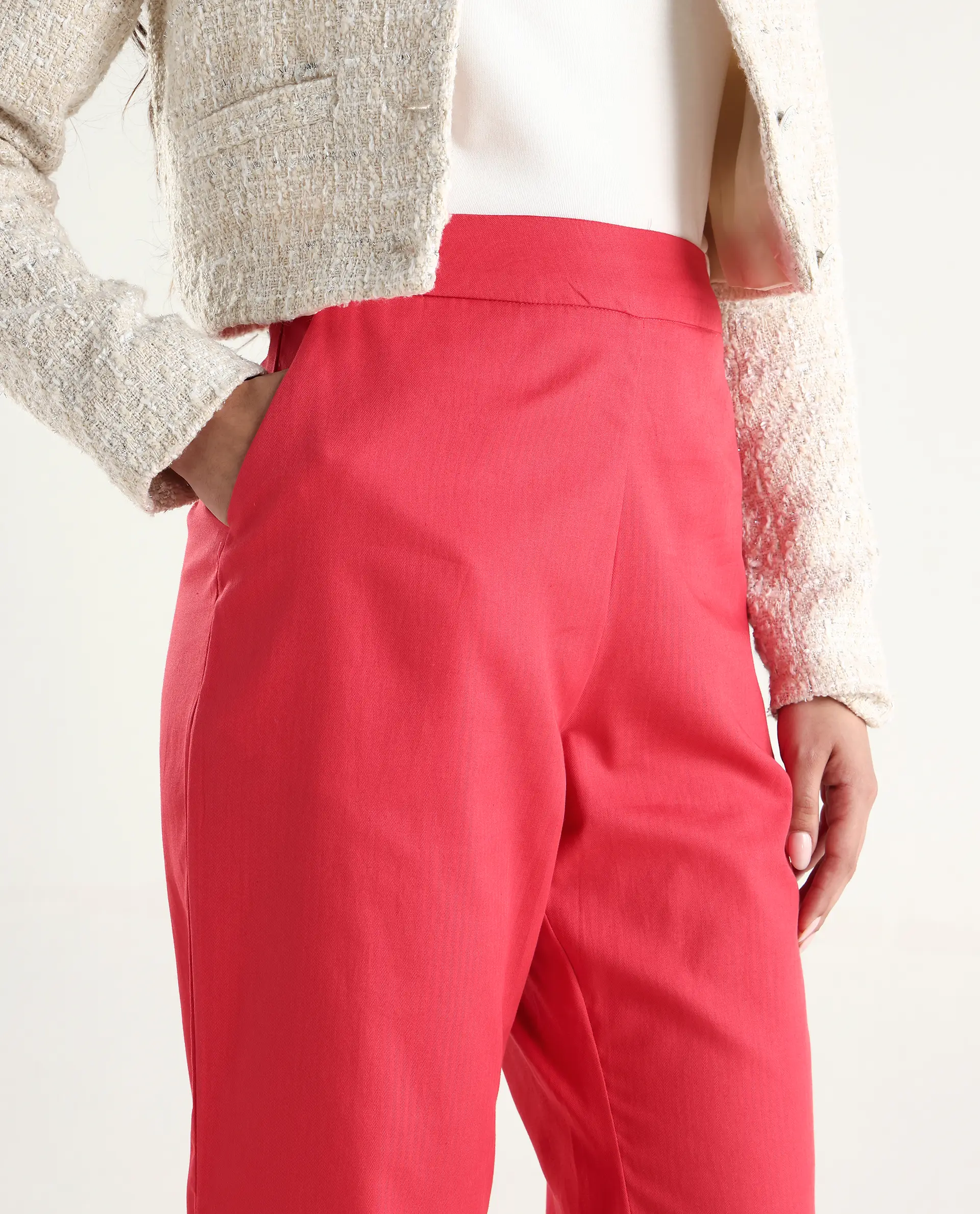 Rareism Women's Varese Light Orange Cotton Blend Plain Ankle Length Wide Leg Trouser - Image 4