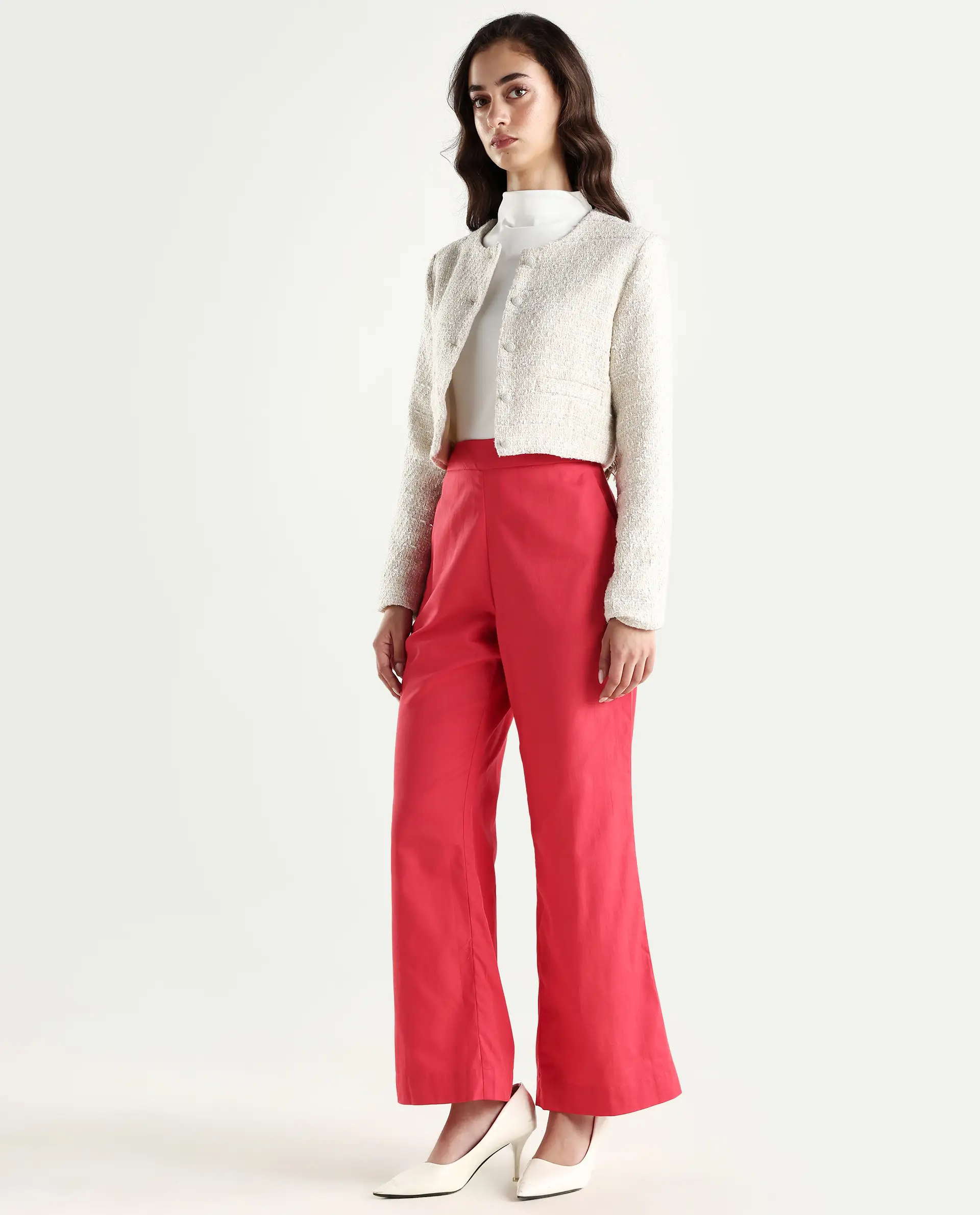 Rareism Women's Varese Light Orange Cotton Blend Plain Ankle Length Wide Leg Trouser - Image 5