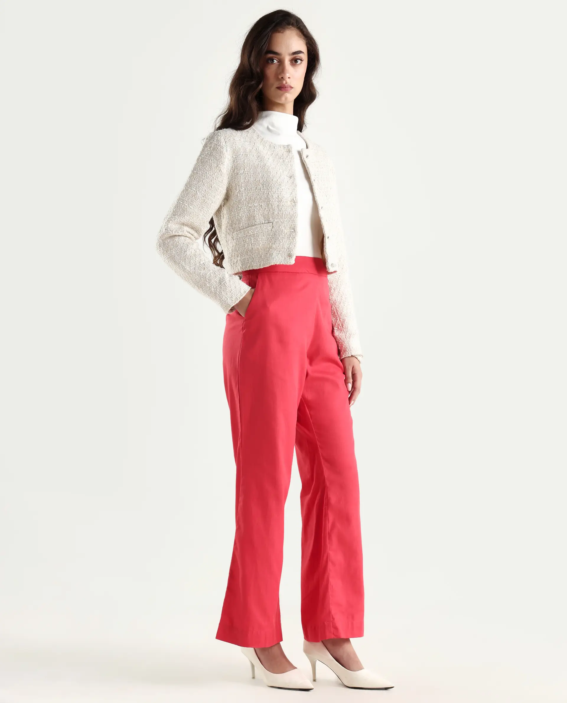 Rareism Women's Varese Light Orange Cotton Blend Plain Ankle Length Wide Leg Trouser - Image 6