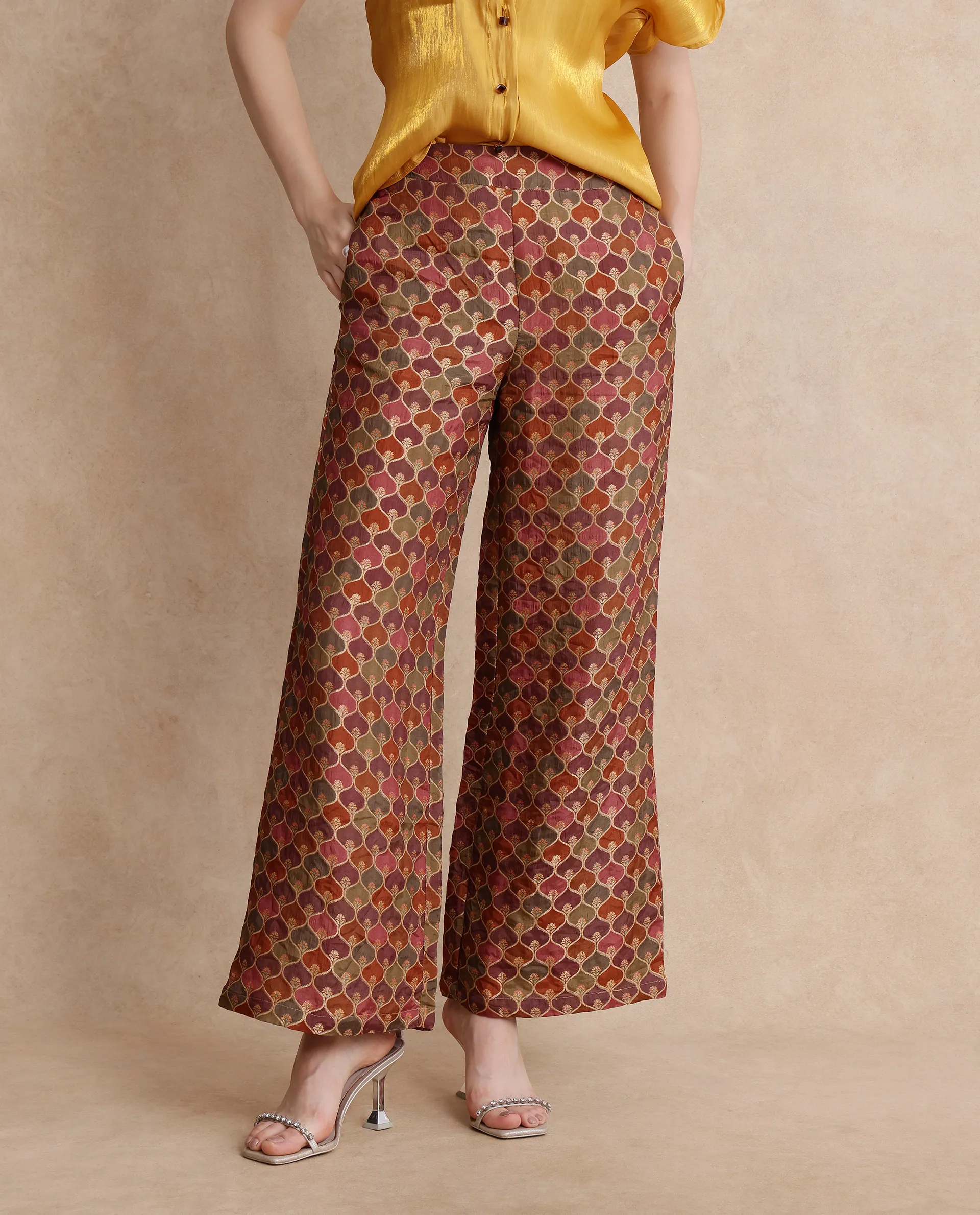 Rareism Women's Varfa B Multi Polyester Jacquard Ankle Length Flared Trouser - Image 2