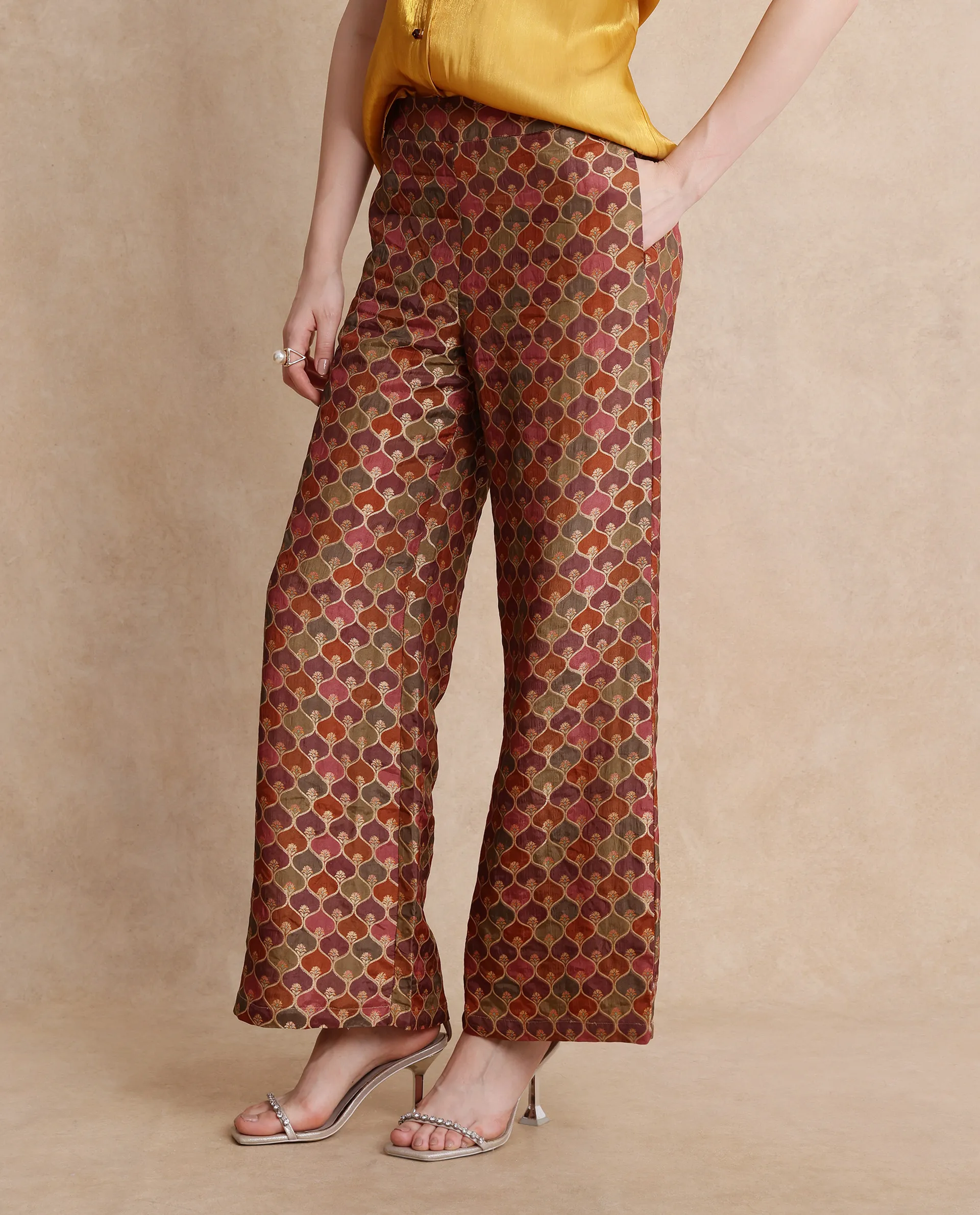 Rareism Women's Varfa B Multi Polyester Jacquard Ankle Length Flared Trouser - Image 6