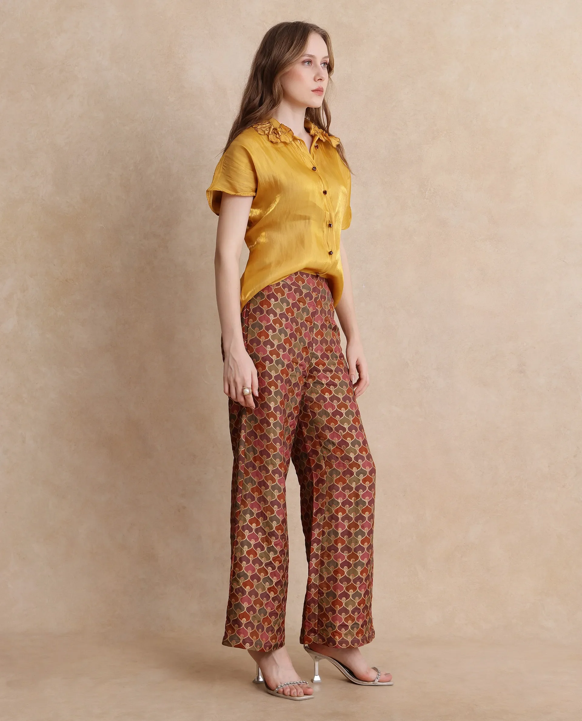 Rareism Women's Varfa B Multi Polyester Jacquard Ankle Length Flared Trouser - Image 7
