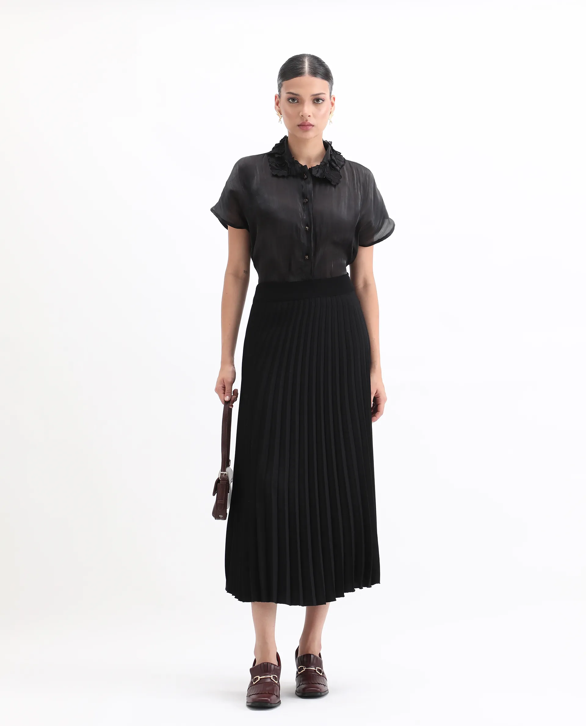 Rareism Women's Varfa Black Polyester Drop Collar Plain Boxy Fit Shirt - Image 2