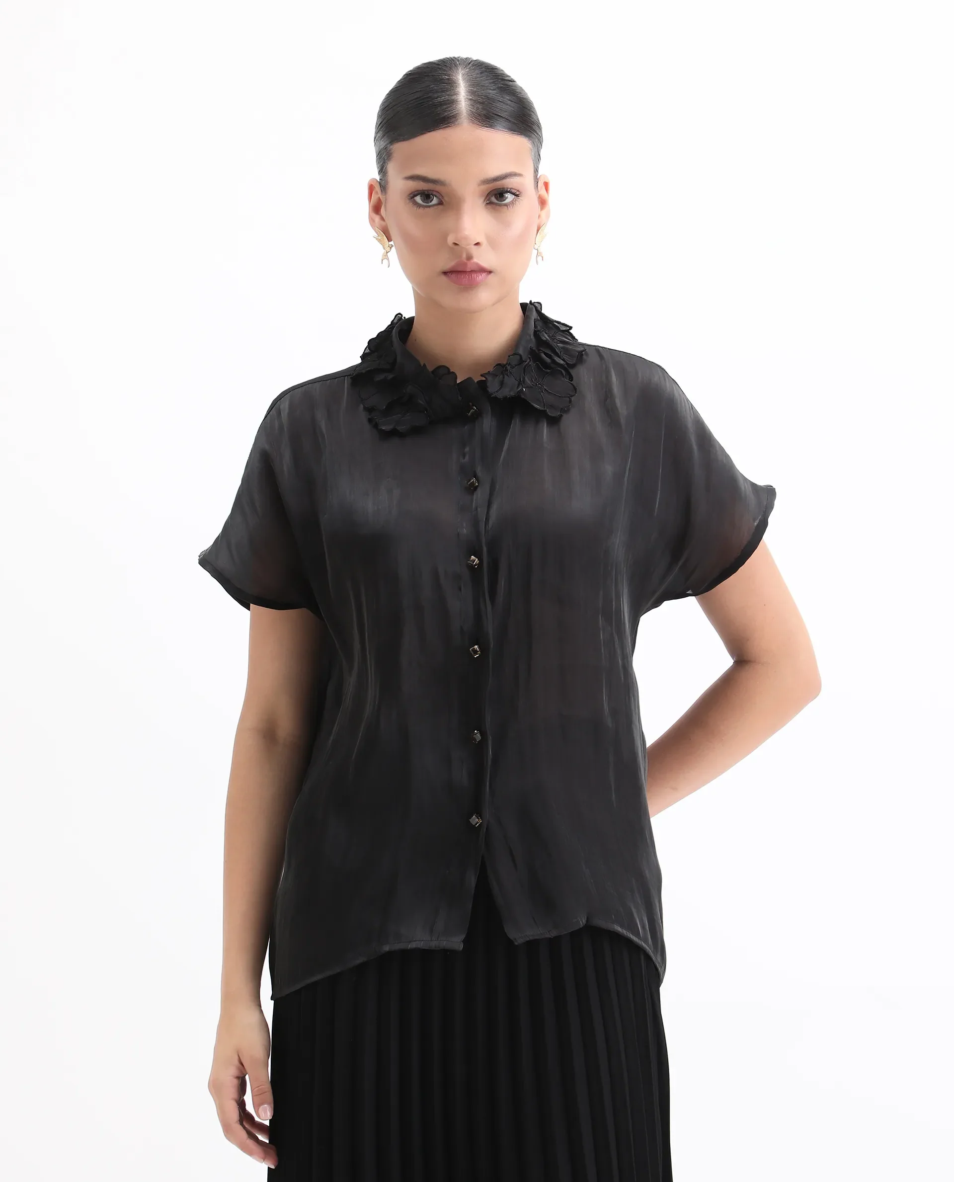 Rareism Women's Varfa Black Polyester Drop Collar Plain Boxy Fit Shirt - Image 3