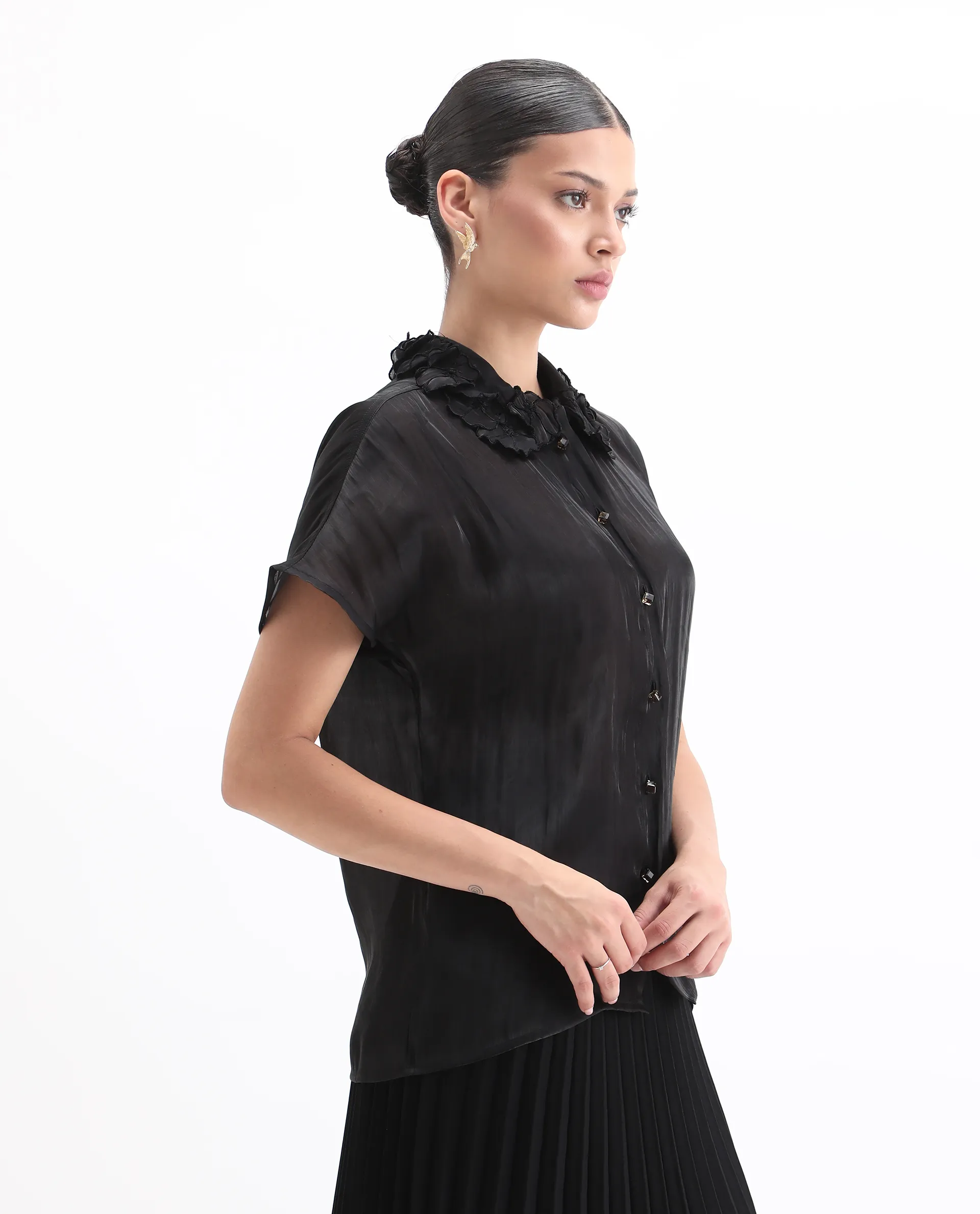 Rareism Women's Varfa Black Polyester Drop Collar Plain Boxy Fit Shirt - Image 4