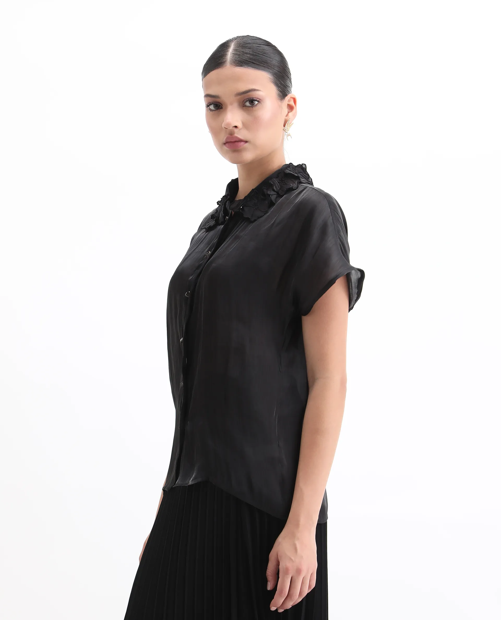 Rareism Women's Varfa Black Polyester Drop Collar Plain Boxy Fit Shirt - Image 5