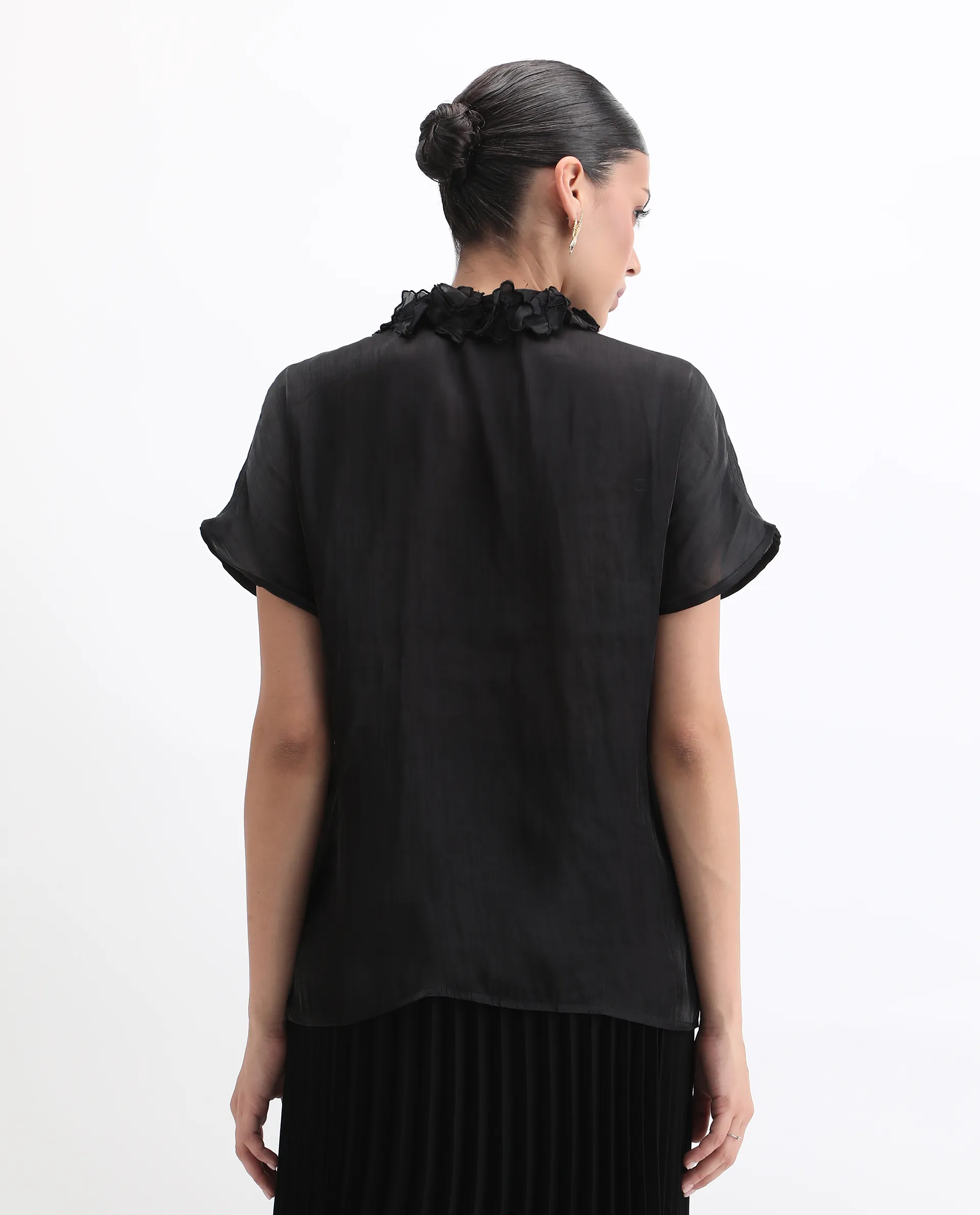 Rareism Women's Varfa Black Polyester Drop Collar Plain Boxy Fit Shirt - Image 7