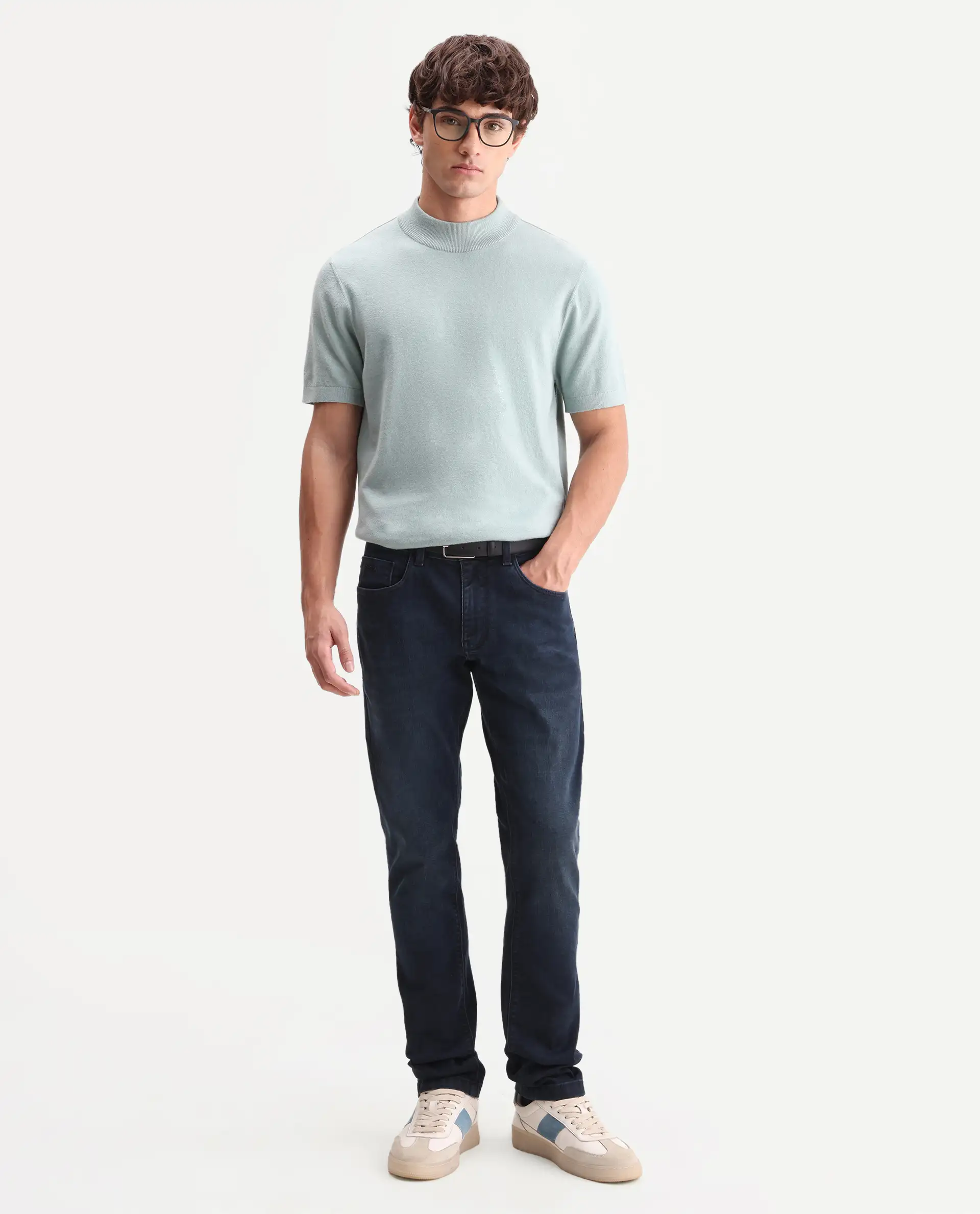 Rare Rabbit Men's Vark Dark Navy Cotton Blend Fabric Shank And Zipper Hawk Slim Plain Jeans