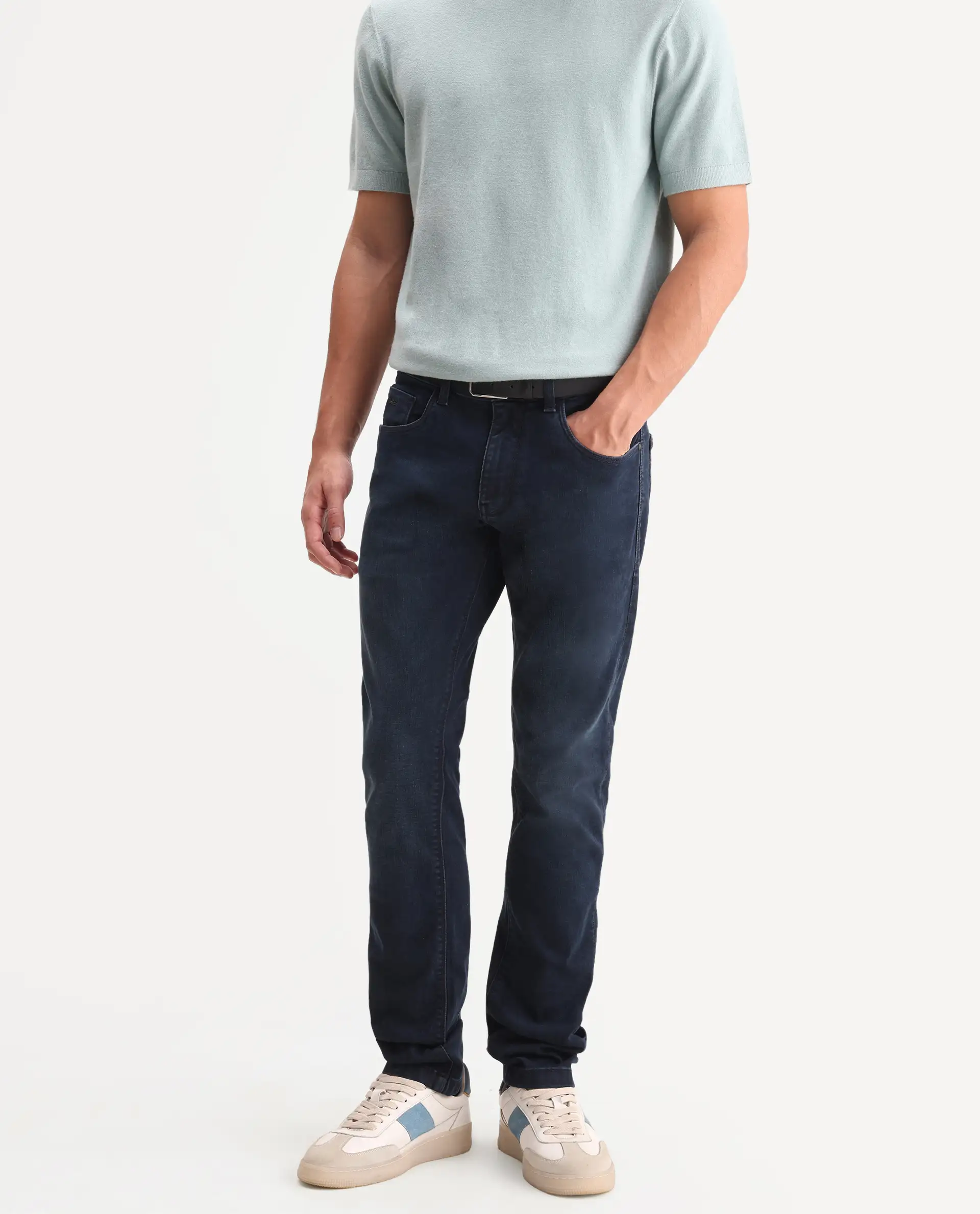 Rare Rabbit Men's Vark Dark Navy Cotton Blend Fabric Shank And Zipper Hawk Slim Plain Jeans - Image 2
