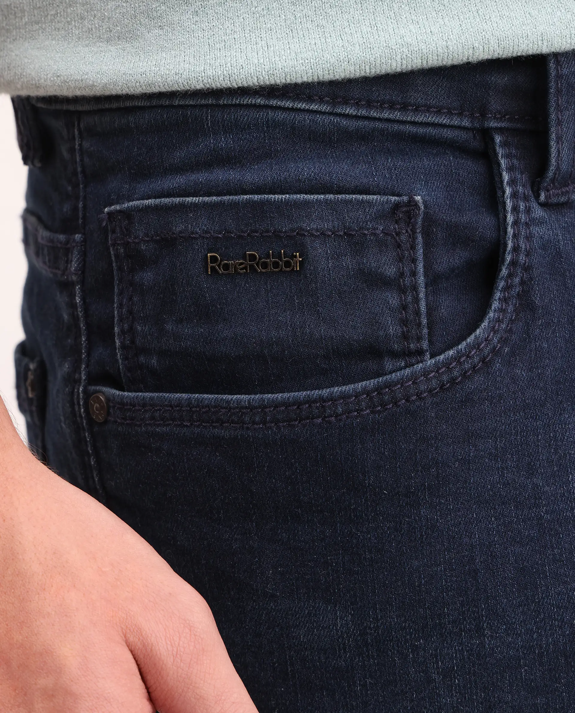 Rare Rabbit Men's Vark Dark Navy Cotton Blend Fabric Shank And Zipper Hawk Slim Plain Jeans - Image 3