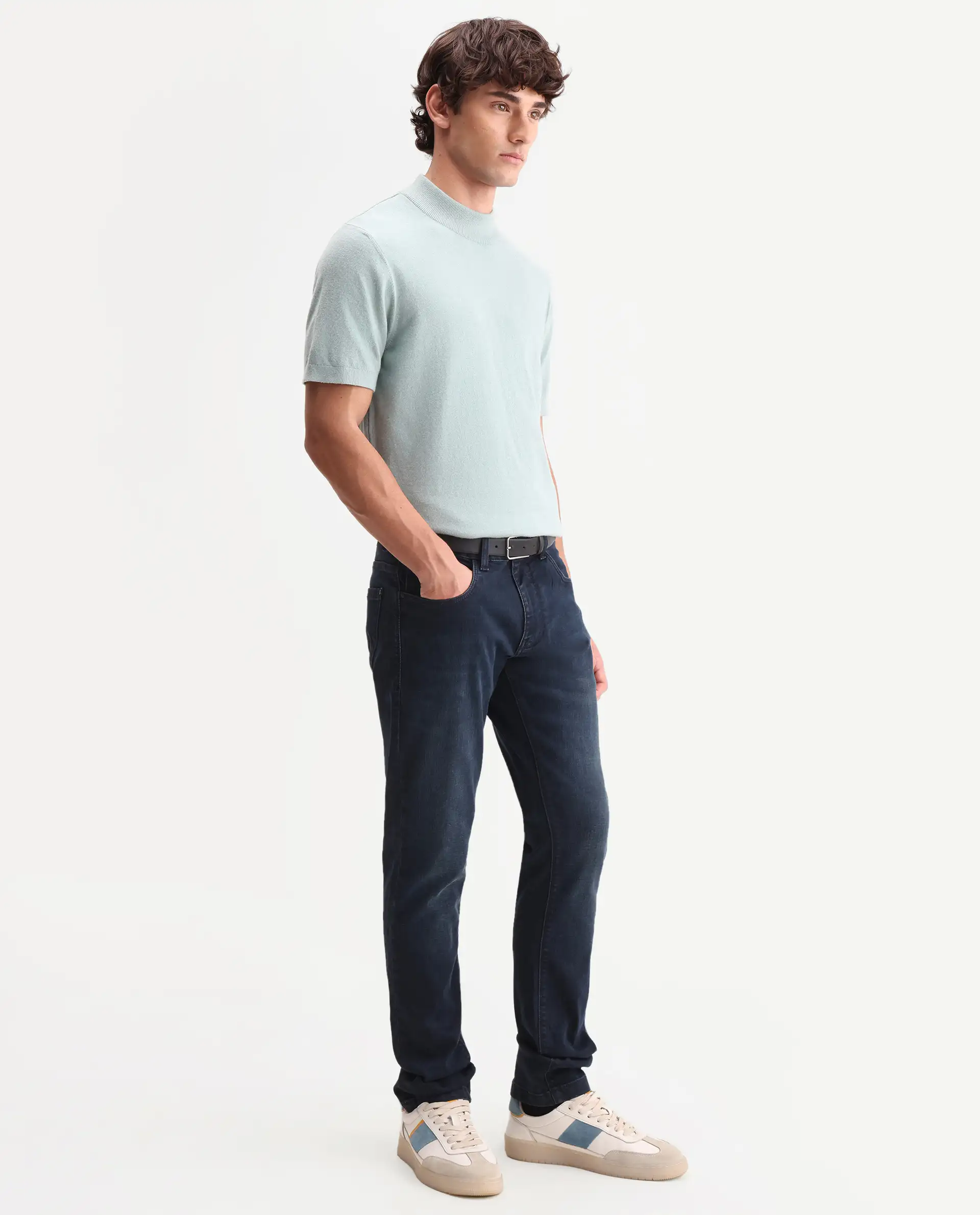 Rare Rabbit Men's Vark Dark Navy Cotton Blend Fabric Shank And Zipper Hawk Slim Plain Jeans - Image 5