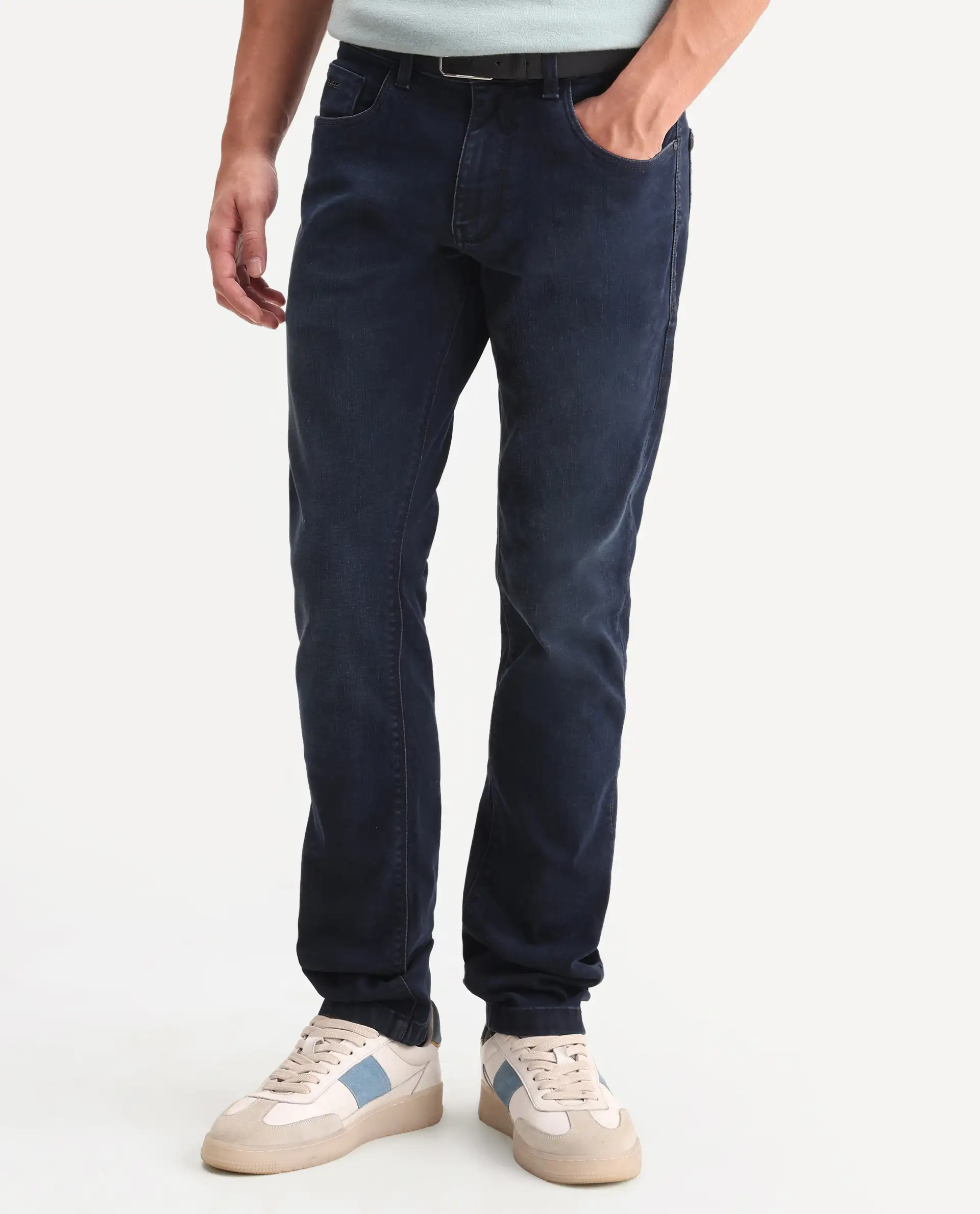Rare Rabbit Men's Vark Dark Navy Cotton Blend Fabric Shank And Zipper Hawk Slim Plain Jeans - Image 8