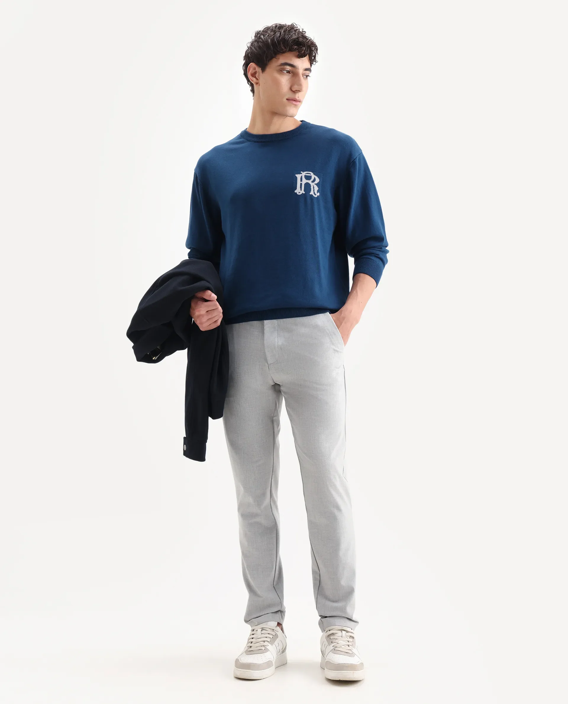 Rare Rabbit Men's Varo Dark Blue Cotton Embroidered Regular Fit Full Sleeve Crew Neck Sweater - Image 2