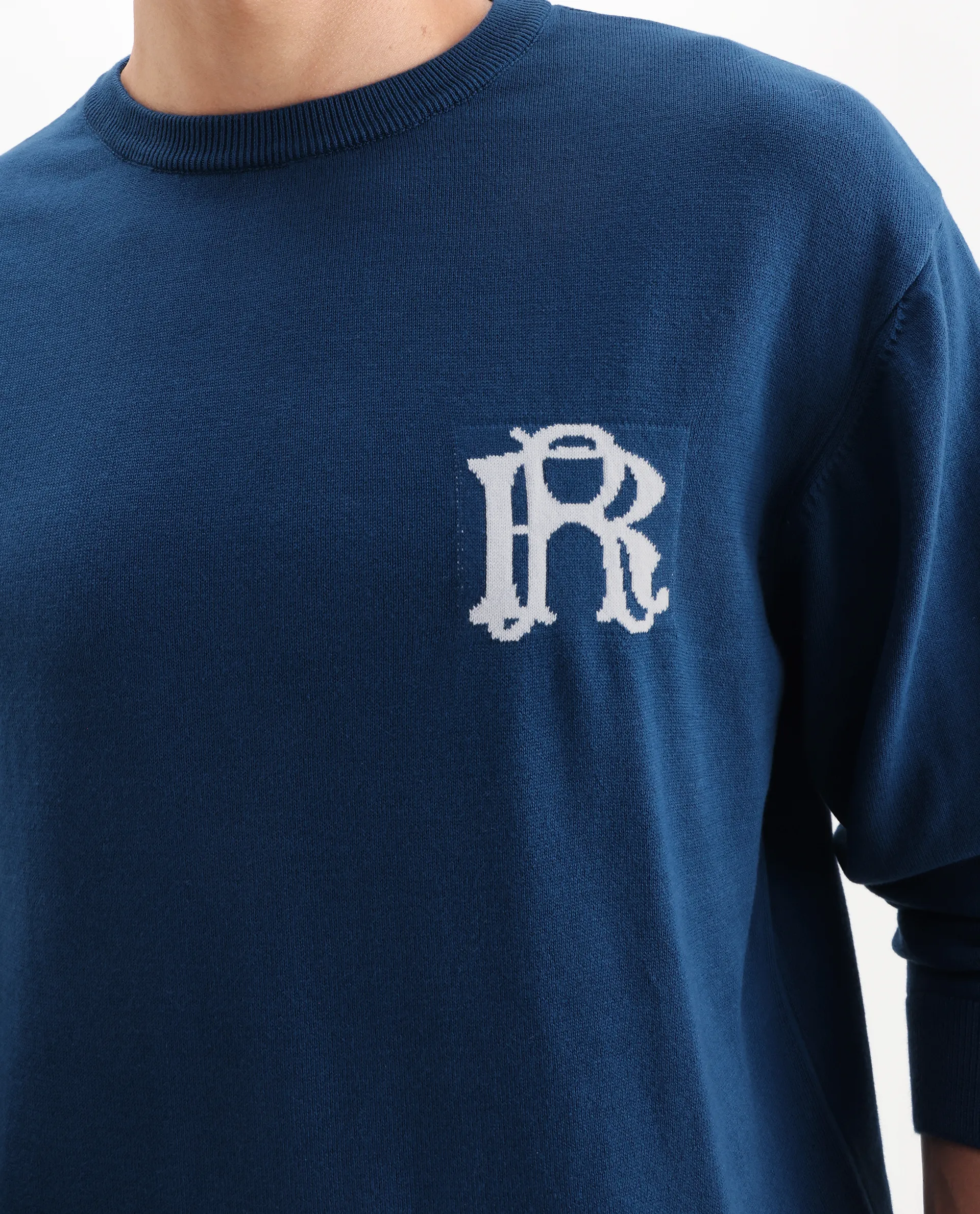 Rare Rabbit Men's Varo Dark Blue Cotton Embroidered Regular Fit Full Sleeve Crew Neck Sweater - Image 3