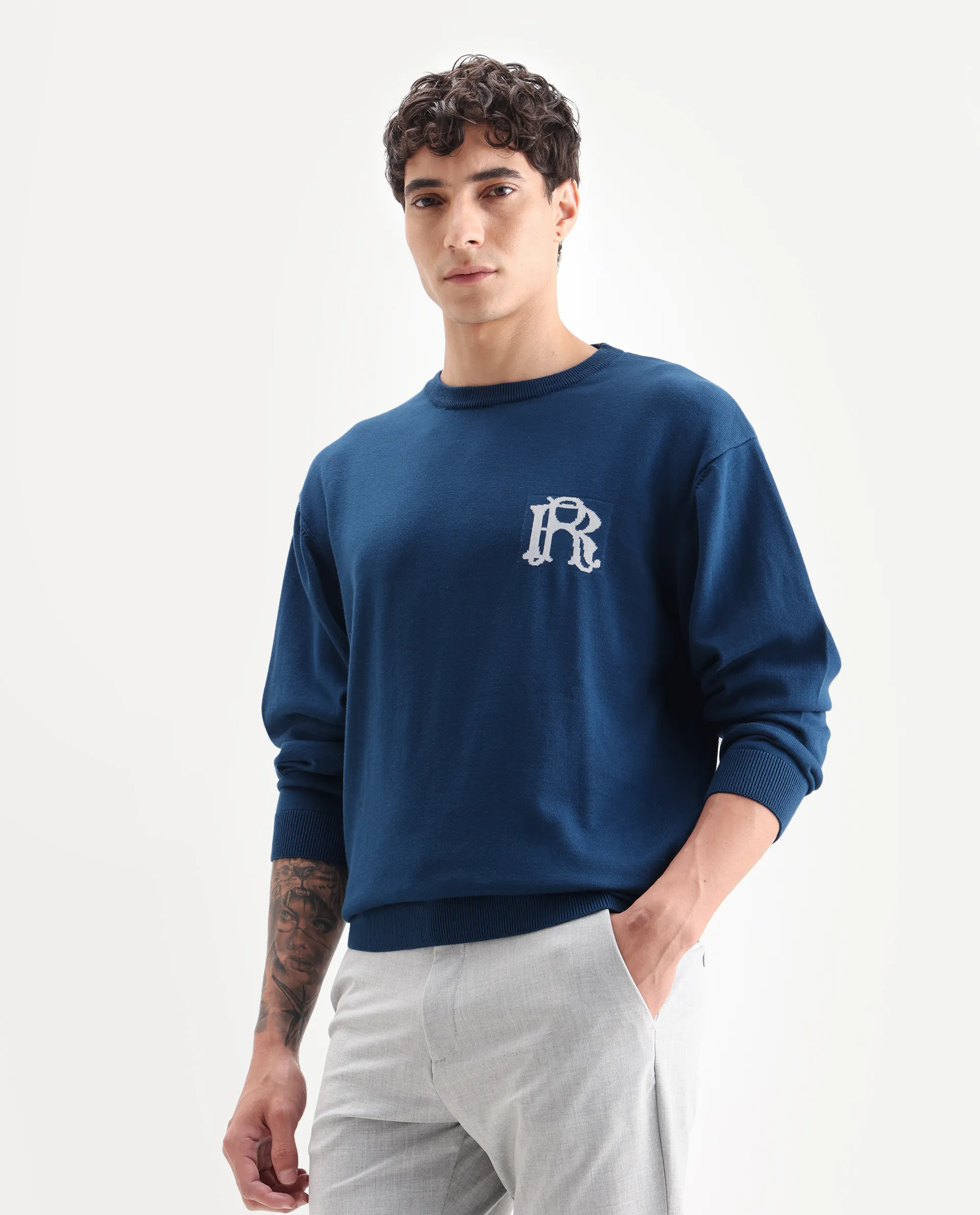 Rare Rabbit Men's Varo Dark Blue Cotton Embroidered Regular Fit Full Sleeve Crew Neck Sweater - Image 4