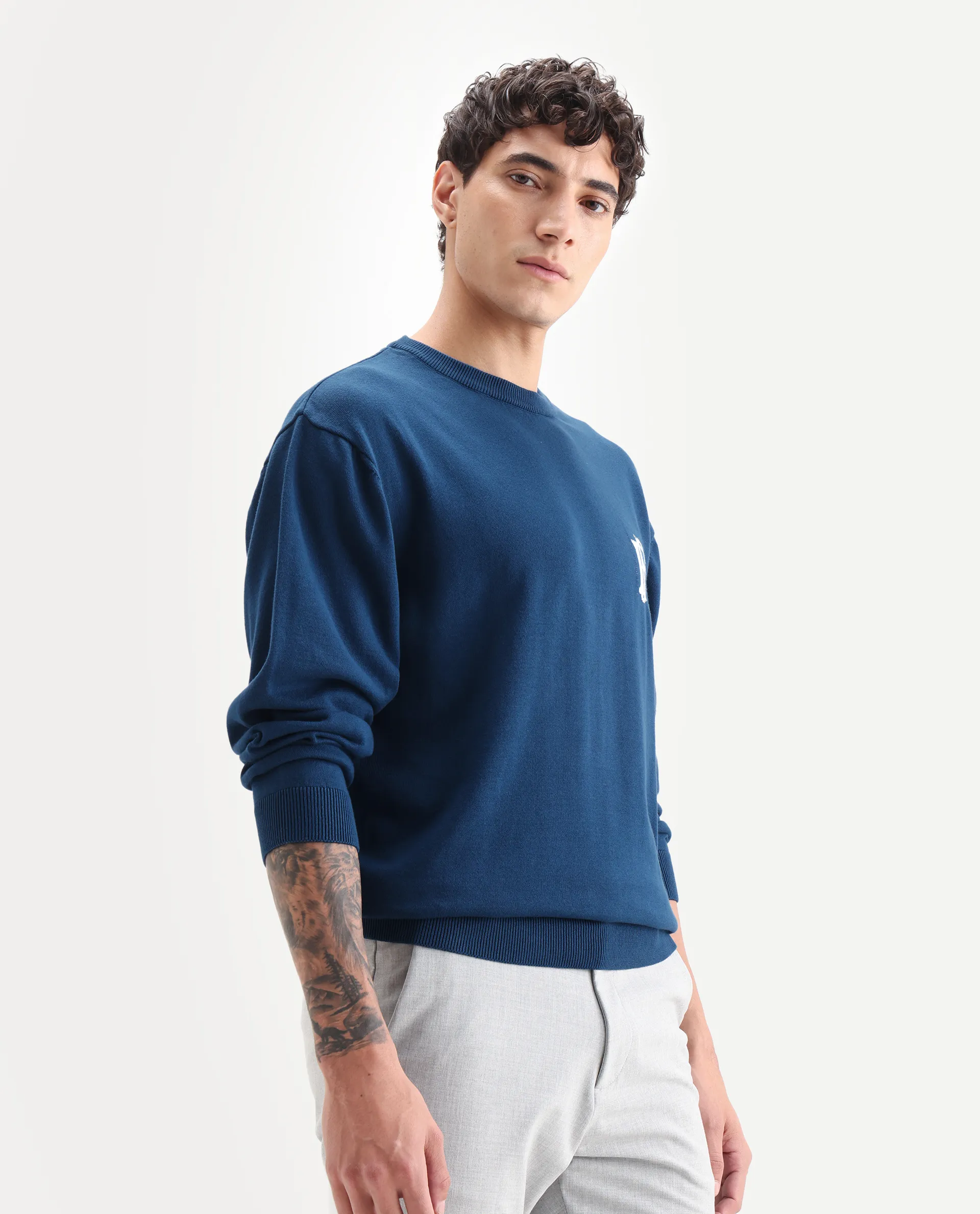 Rare Rabbit Men's Varo Dark Blue Cotton Embroidered Regular Fit Full Sleeve Crew Neck Sweater - Image 5