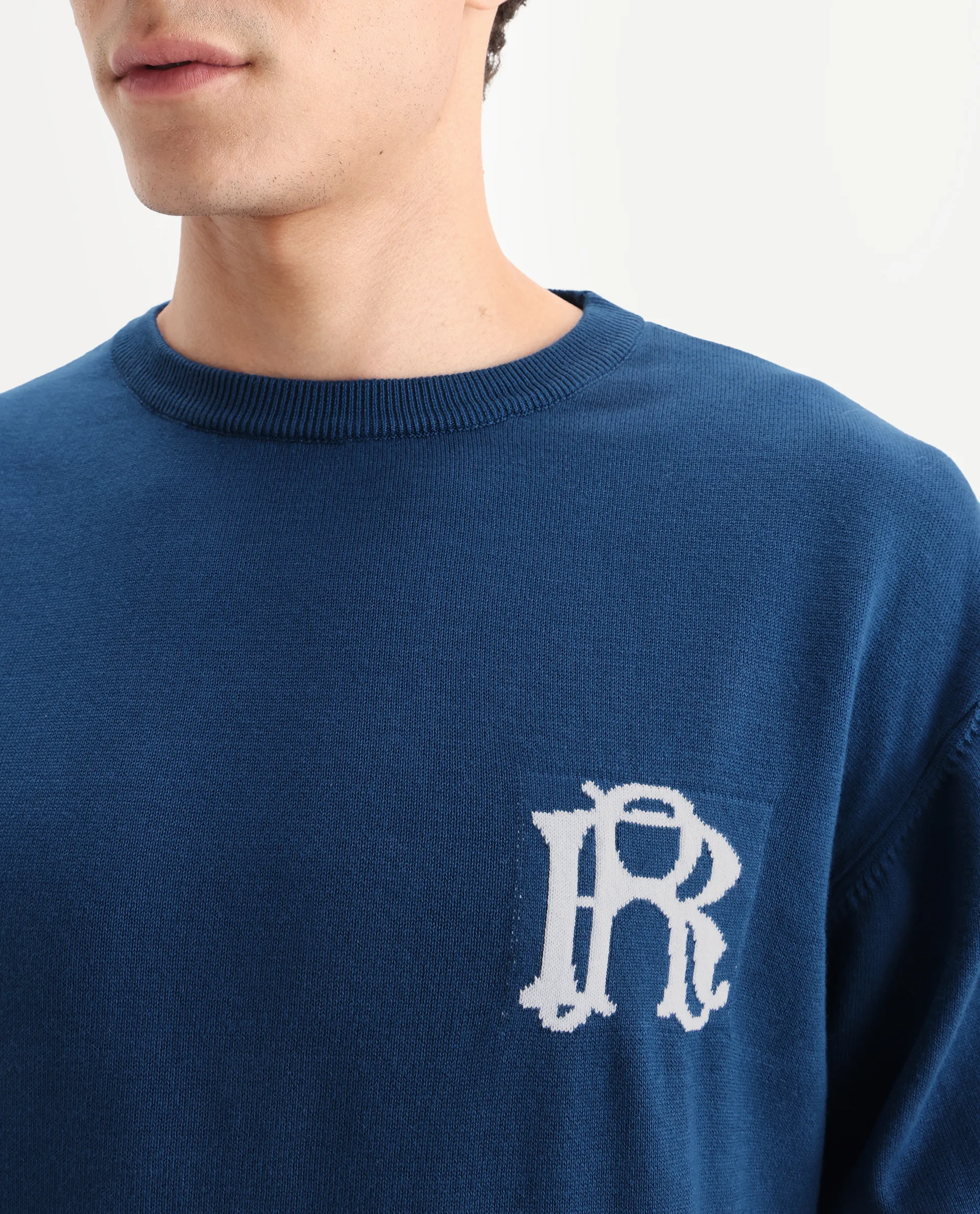 Rare Rabbit Men's Varo Dark Blue Cotton Embroidered Regular Fit Full Sleeve Crew Neck Sweater - Image 6