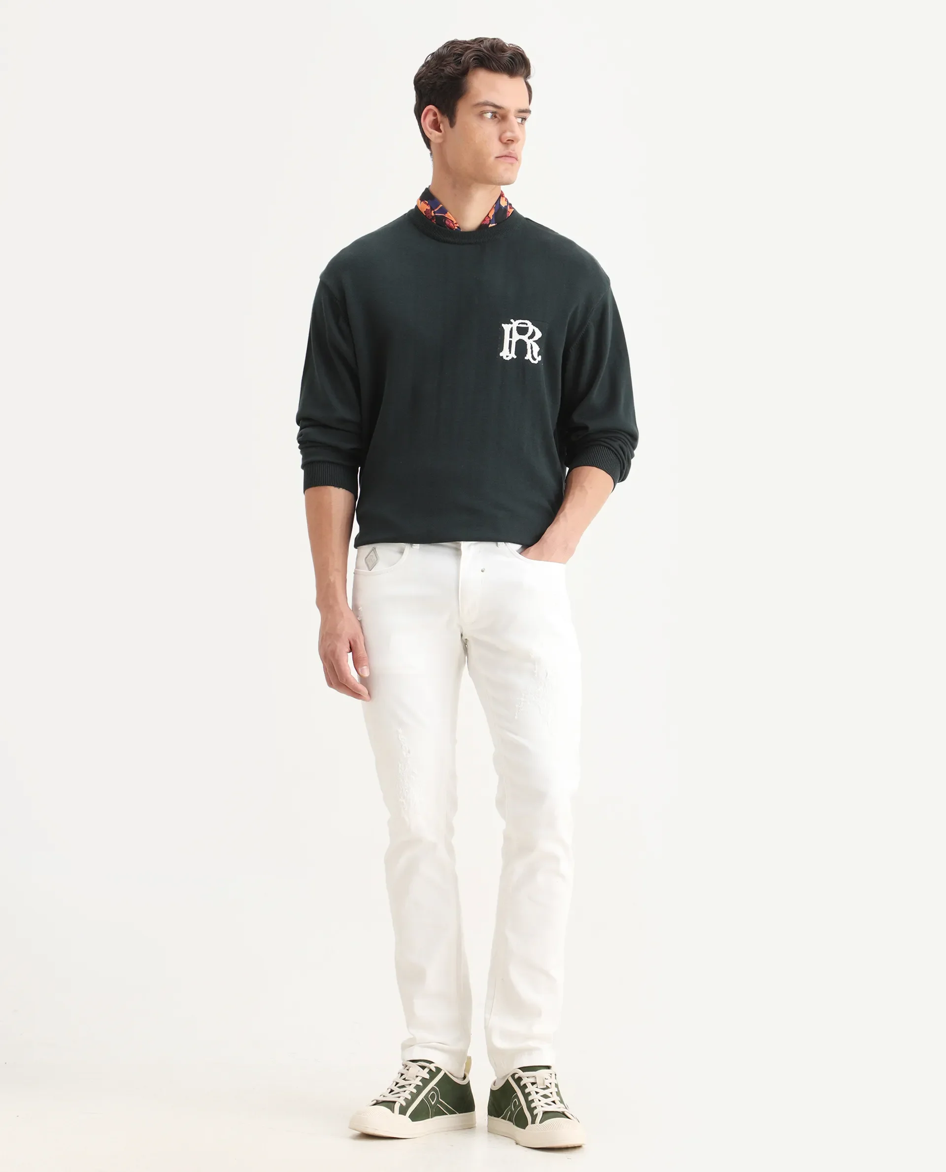 Rare Rabbit Men's Varo Dark Green Cotton Embroidered Regular Fit Full Sleeve Crew Neck Sweater - Image 2
