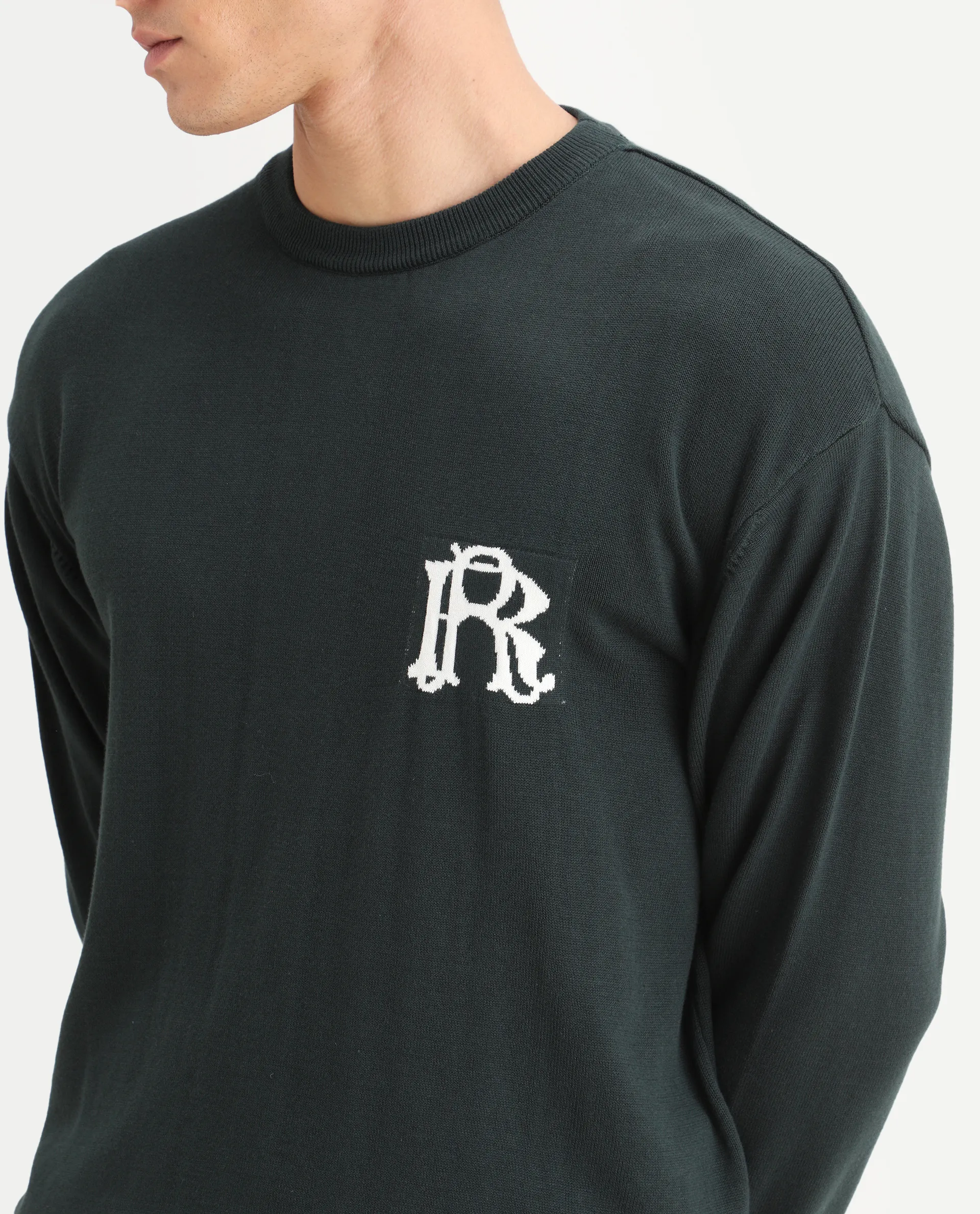 Rare Rabbit Men's Varo Dark Green Cotton Embroidered Regular Fit Full Sleeve Crew Neck Sweater - Image 3