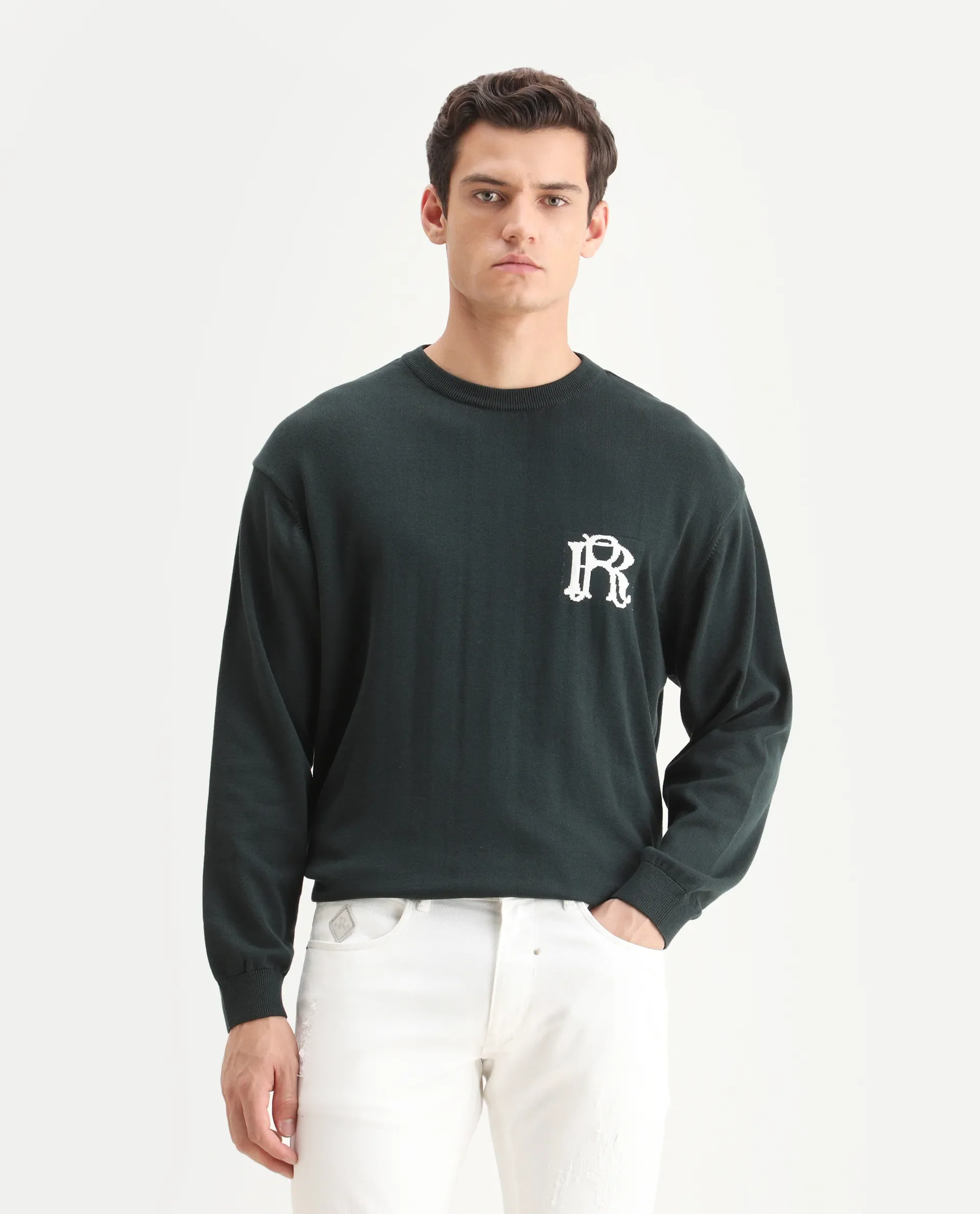 Rare Rabbit Men's Varo Dark Green Cotton Embroidered Regular Fit Full Sleeve Crew Neck Sweater - Image 4