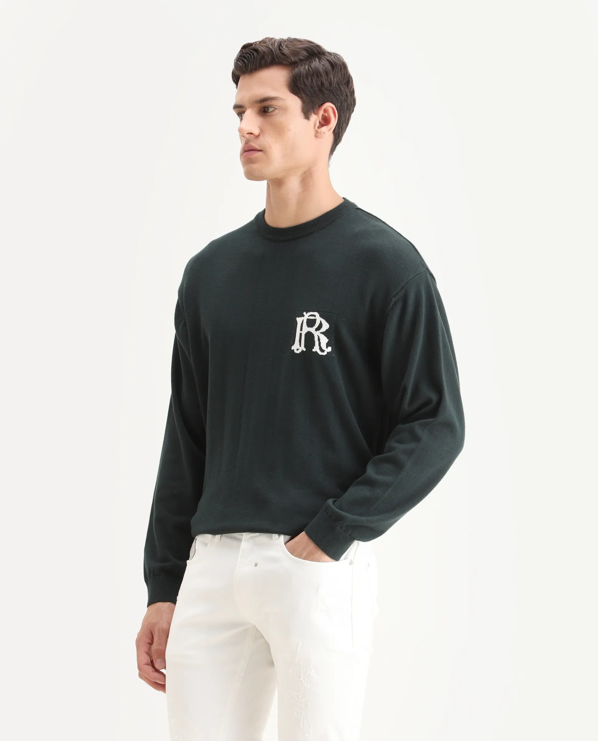 Rare Rabbit Men's Varo Dark Green Cotton Embroidered Regular Fit Full Sleeve Crew Neck Sweater - Image 5