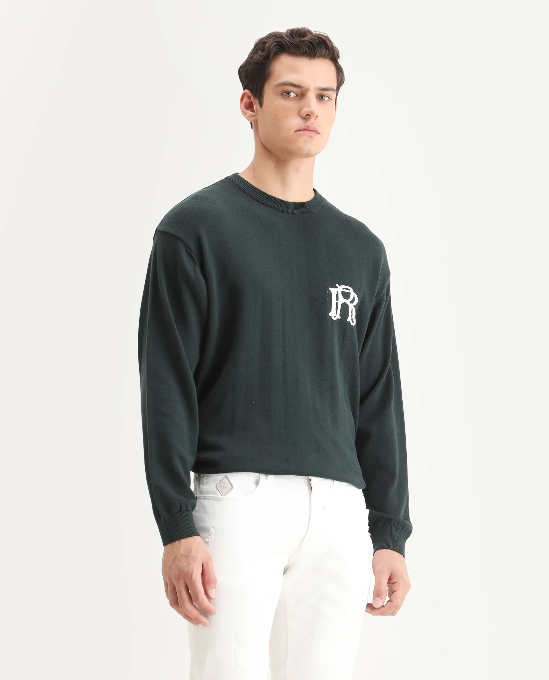 Rare Rabbit Men's Varo Dark Green Cotton Embroidered Regular Fit Full Sleeve Crew Neck Sweater - Image 6