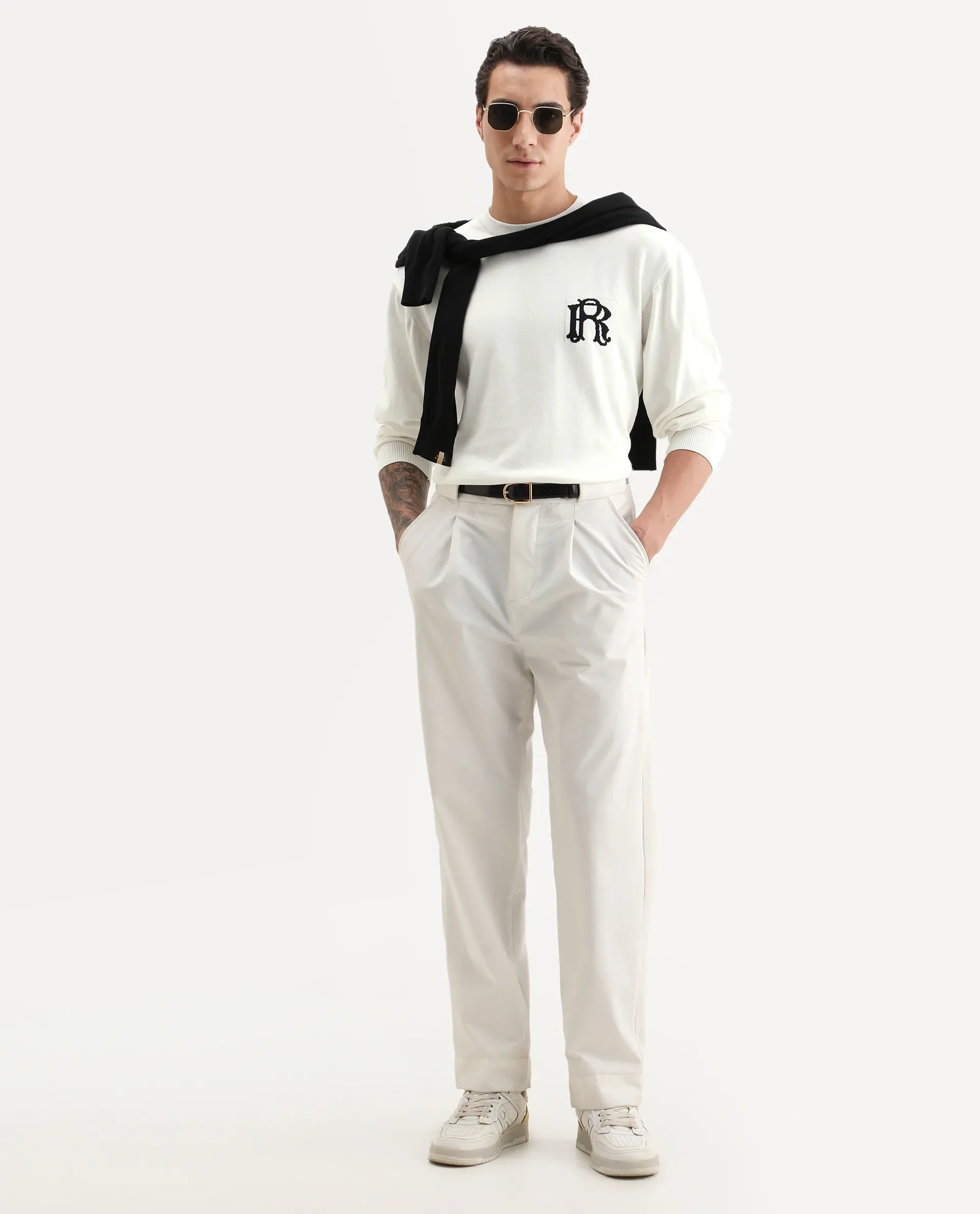 Rare Rabbit Men's Varo Off White Cotton Embroidered Regular Fit Full Sleeve Crew Neck Sweater - Image 2