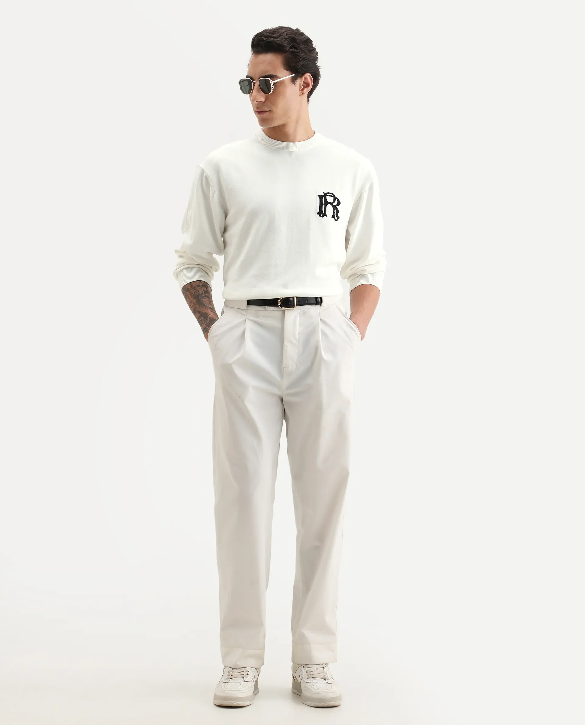 Rare Rabbit Men's Varo Off White Cotton Embroidered Regular Fit Full Sleeve Crew Neck Sweater - Image 3