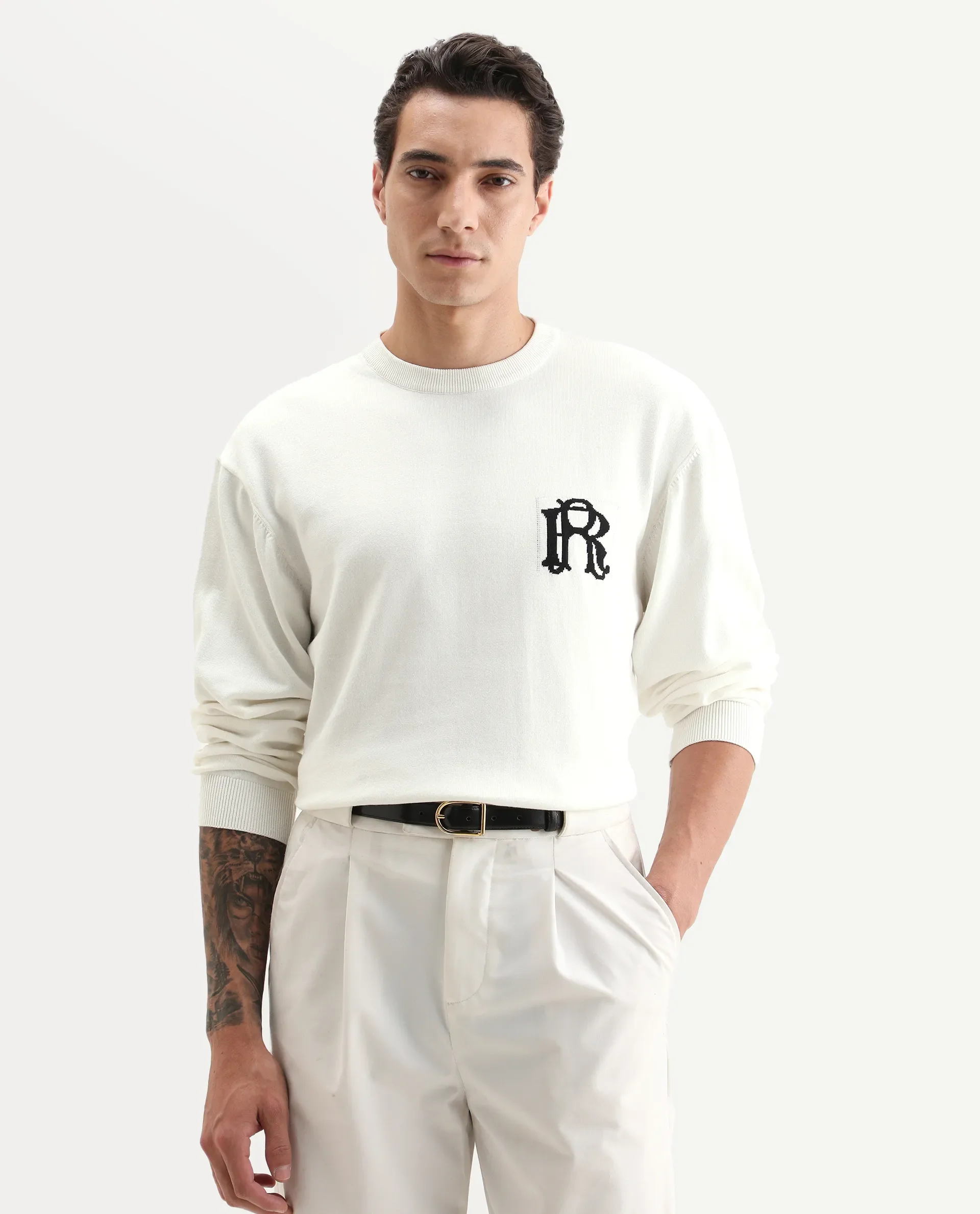 Rare Rabbit Men's Varo Off White Cotton Embroidered Regular Fit Full Sleeve Crew Neck Sweater - Image 4