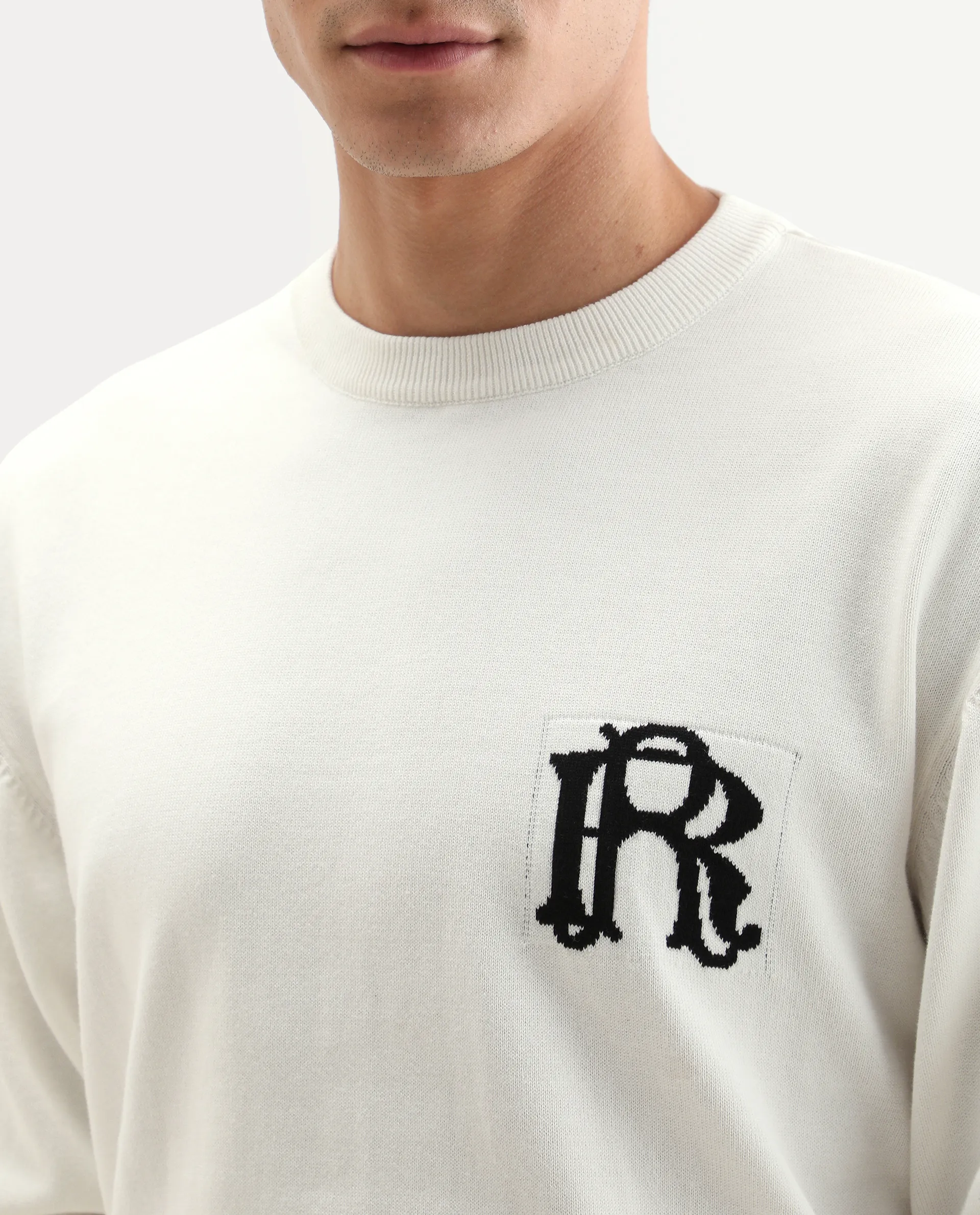 Rare Rabbit Men's Varo Off White Cotton Embroidered Regular Fit Full Sleeve Crew Neck Sweater - Image 5