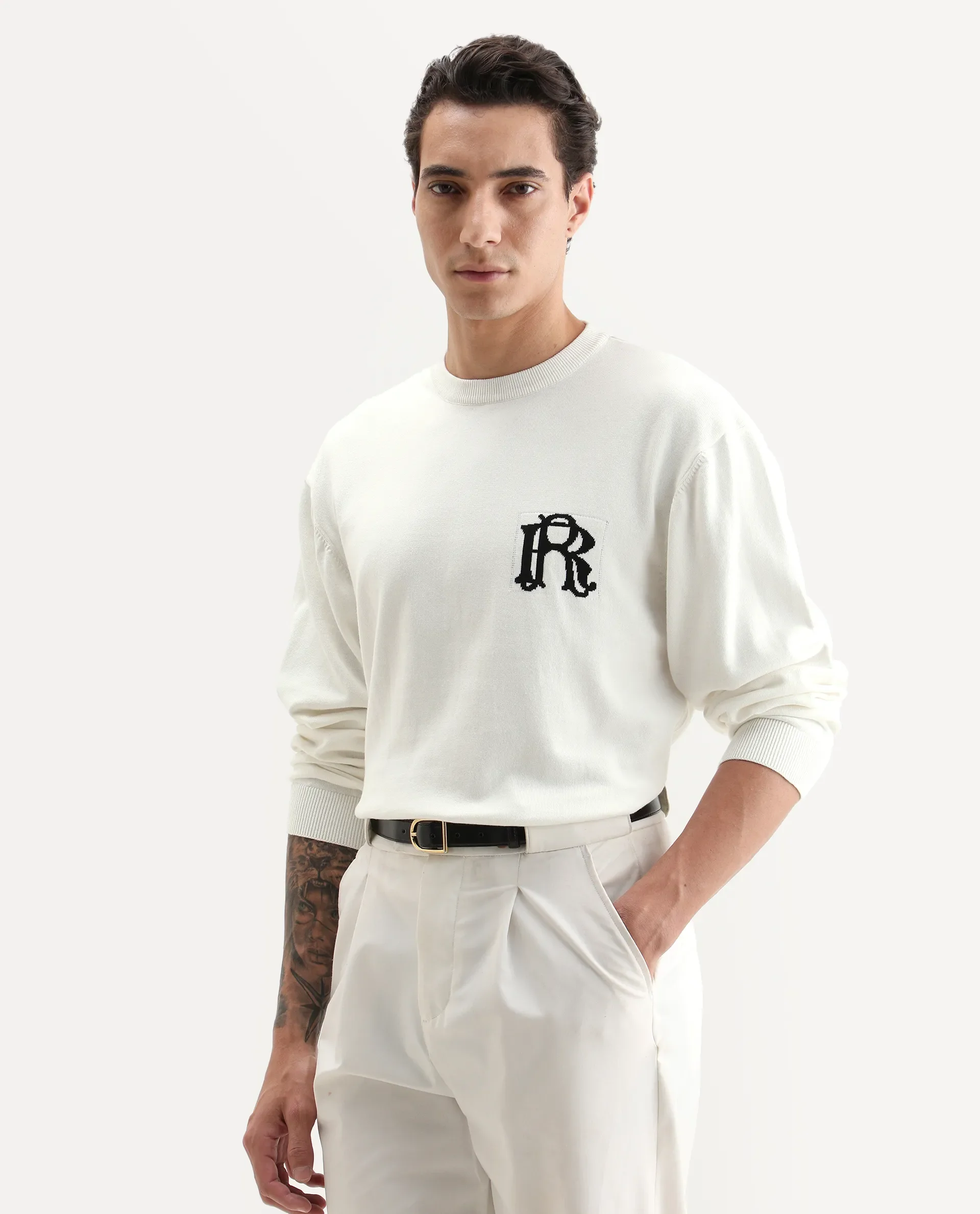 Rare Rabbit Men's Varo Off White Cotton Embroidered Regular Fit Full Sleeve Crew Neck Sweater - Image 6