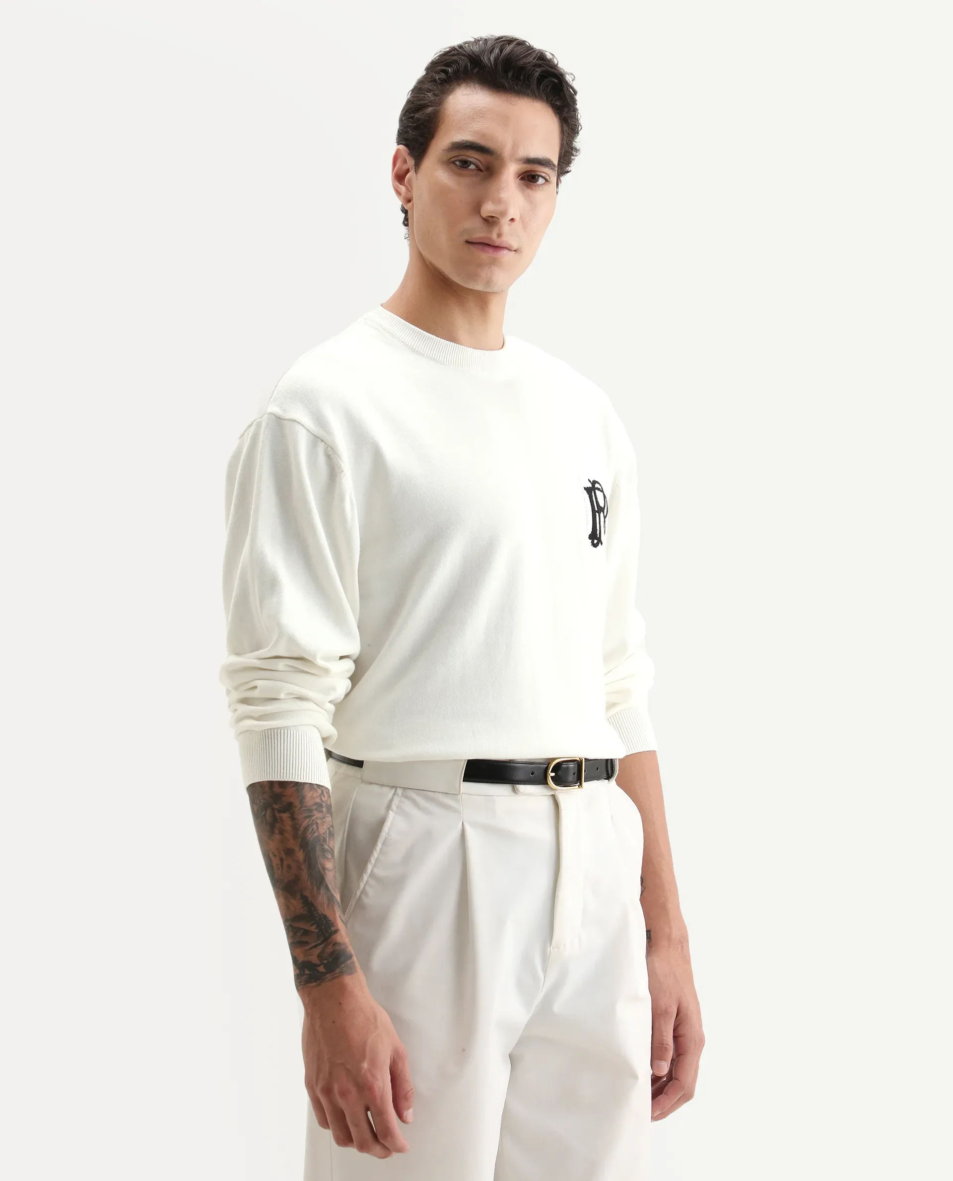 Rare Rabbit Men's Varo Off White Cotton Embroidered Regular Fit Full Sleeve Crew Neck Sweater - Image 7