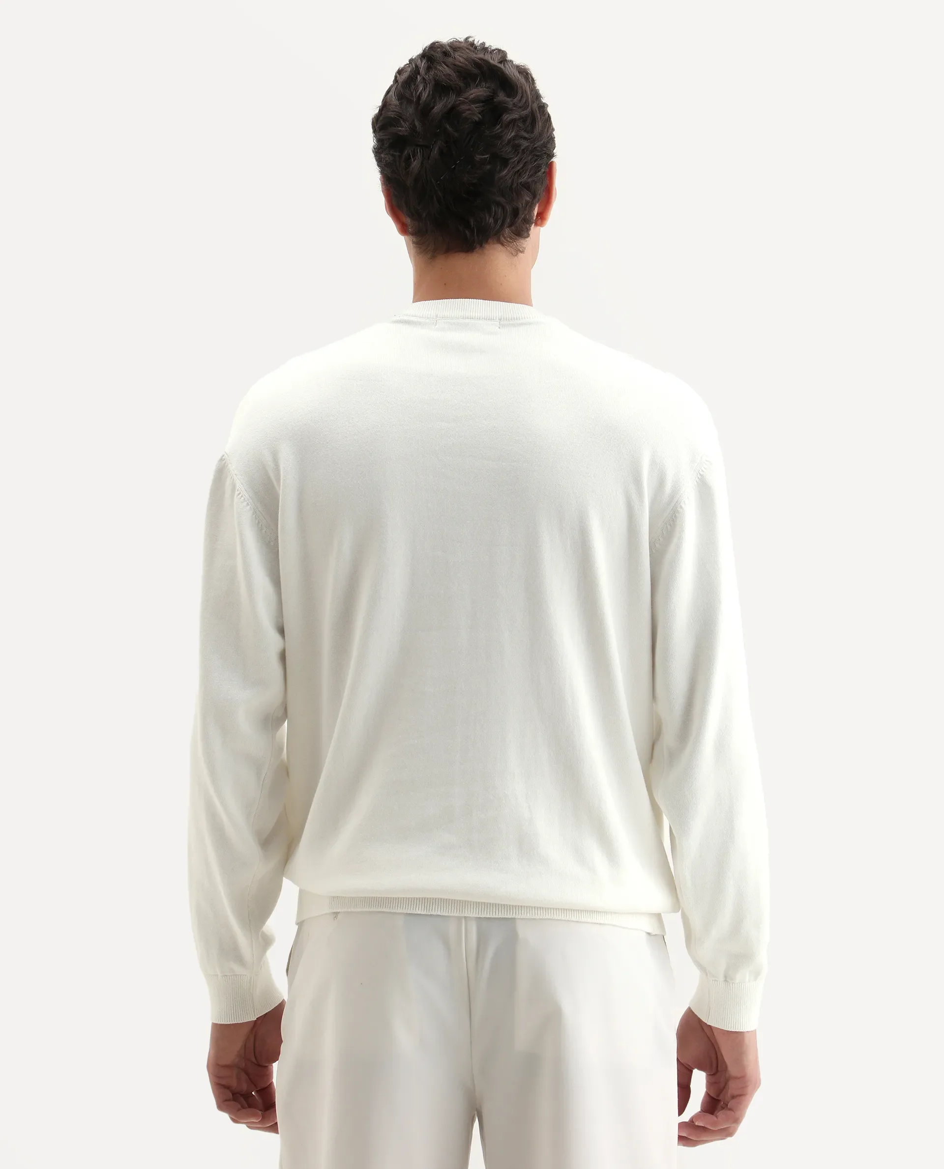 Rare Rabbit Men's Varo Off White Cotton Embroidered Regular Fit Full Sleeve Crew Neck Sweater - Image 8