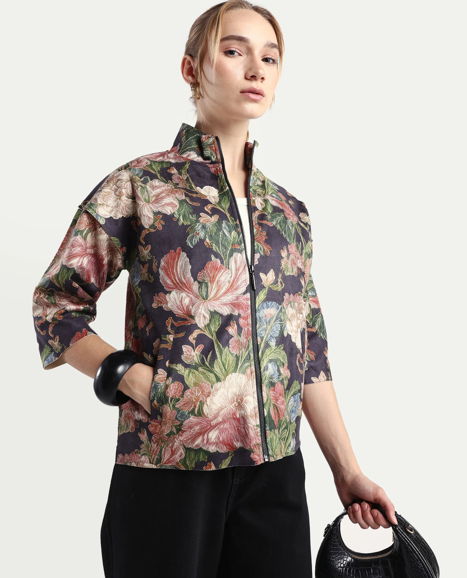 Rareism Women's Varo Grey Polyester Blend High Neck Boxy Fit Jacket - Image 3