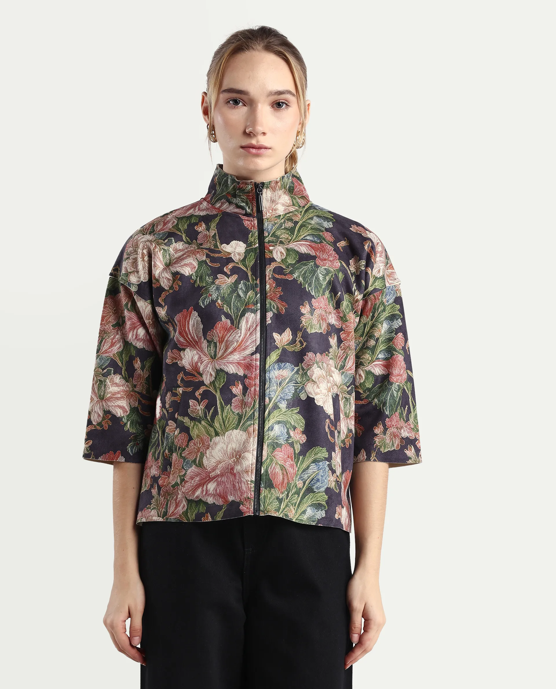 Rareism Women's Varo Grey Polyester Blend High Neck Boxy Fit Jacket - Image 5