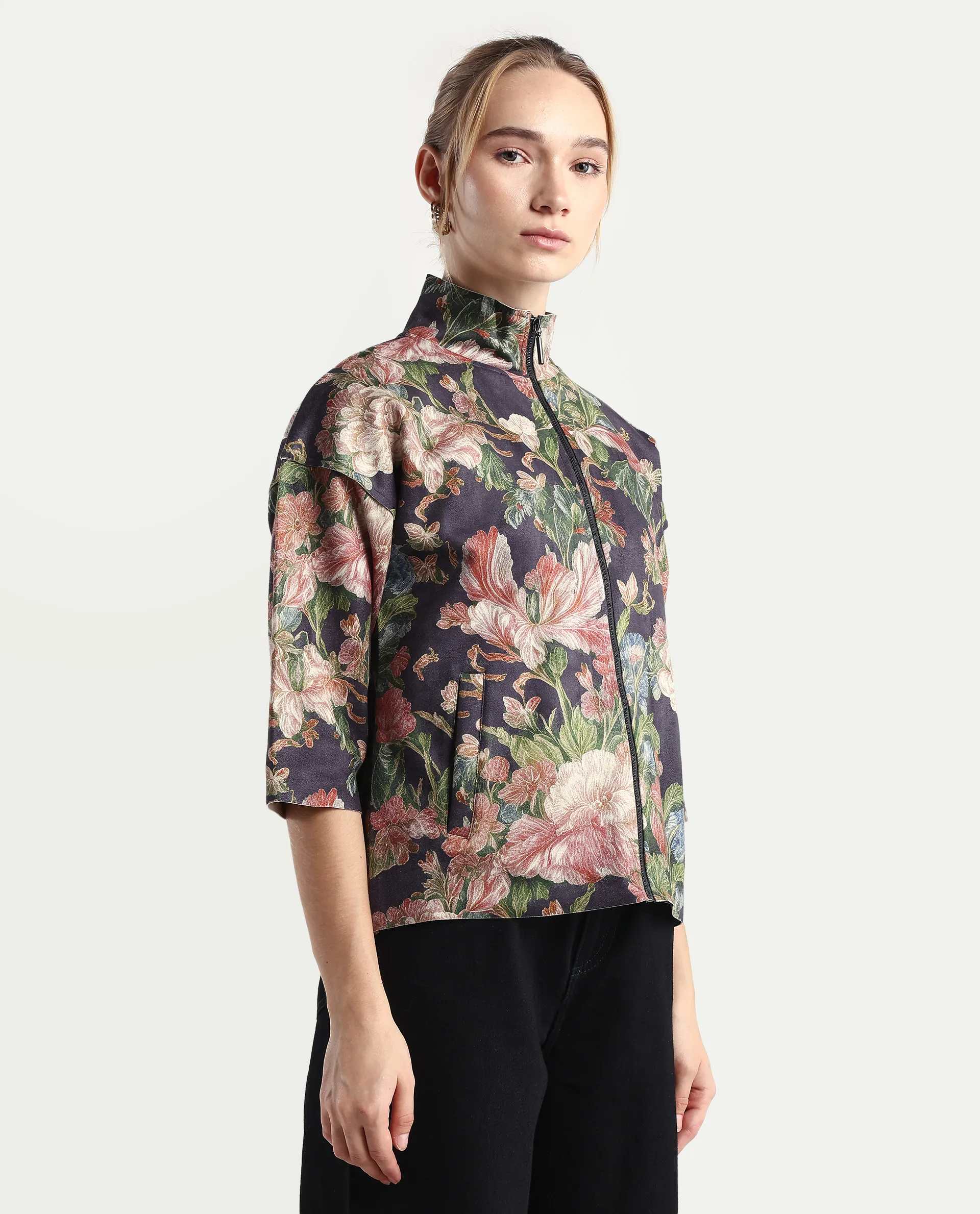 Rareism Women's Varo Grey Polyester Blend High Neck Boxy Fit Jacket - Image 8