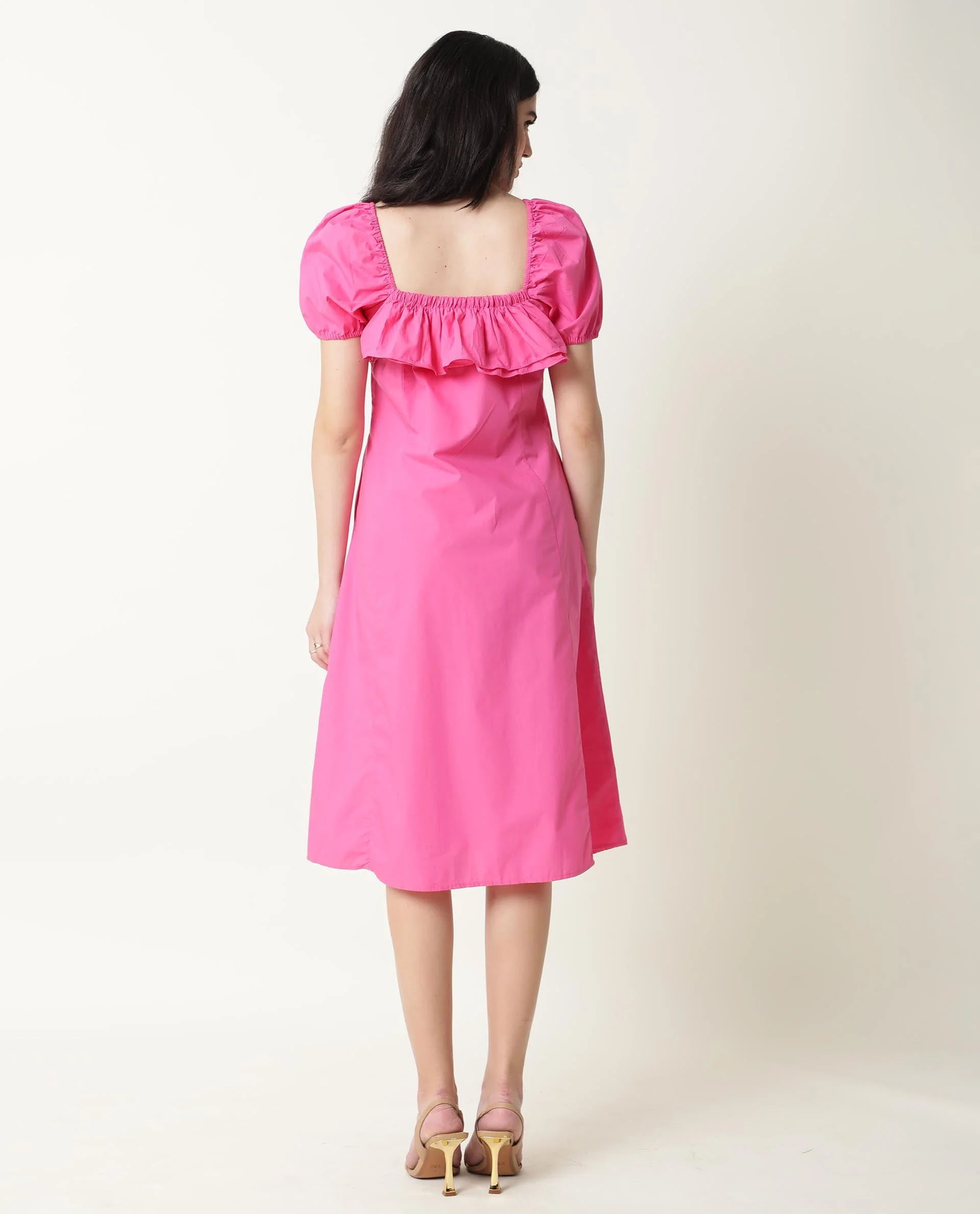 Rareism Women's Varsi Pink Sweetheart Neck Plain Midi Regular Fit Dress - Image 5