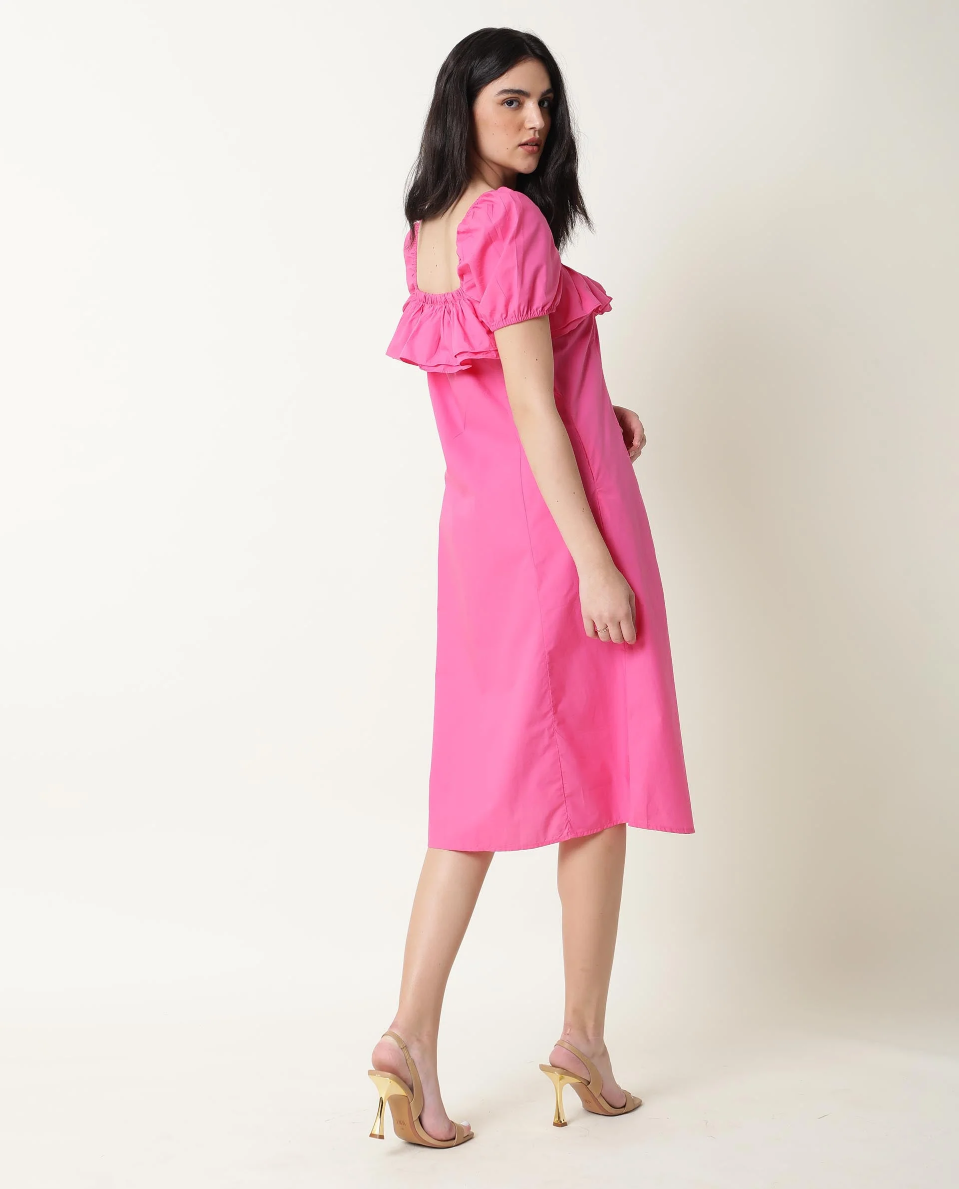 Rareism Women's Varsi Pink Sweetheart Neck Plain Midi Regular Fit Dress - Image 6