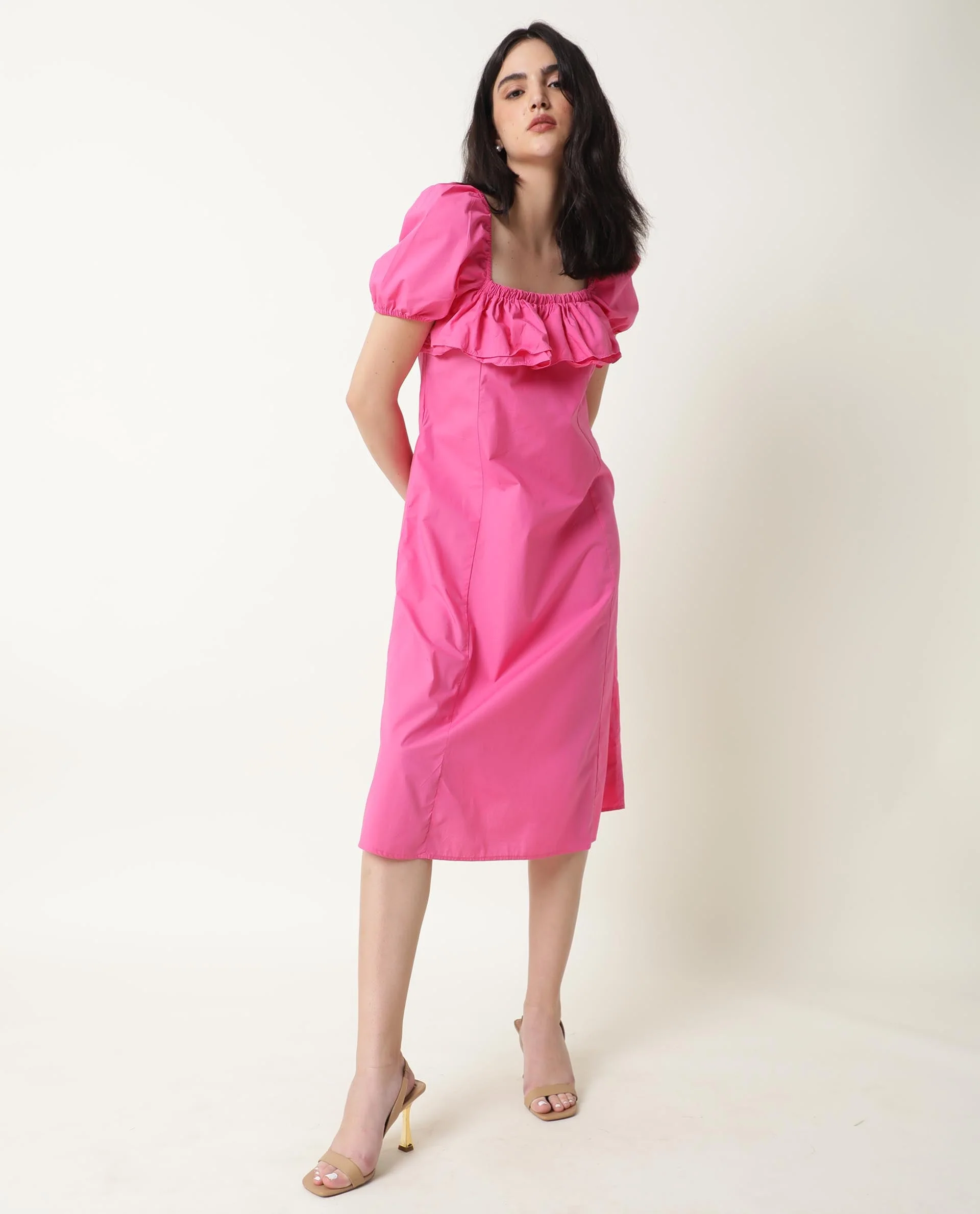 Rareism Women's Varsi Pink Sweetheart Neck Plain Midi Regular Fit Dress - Image 8