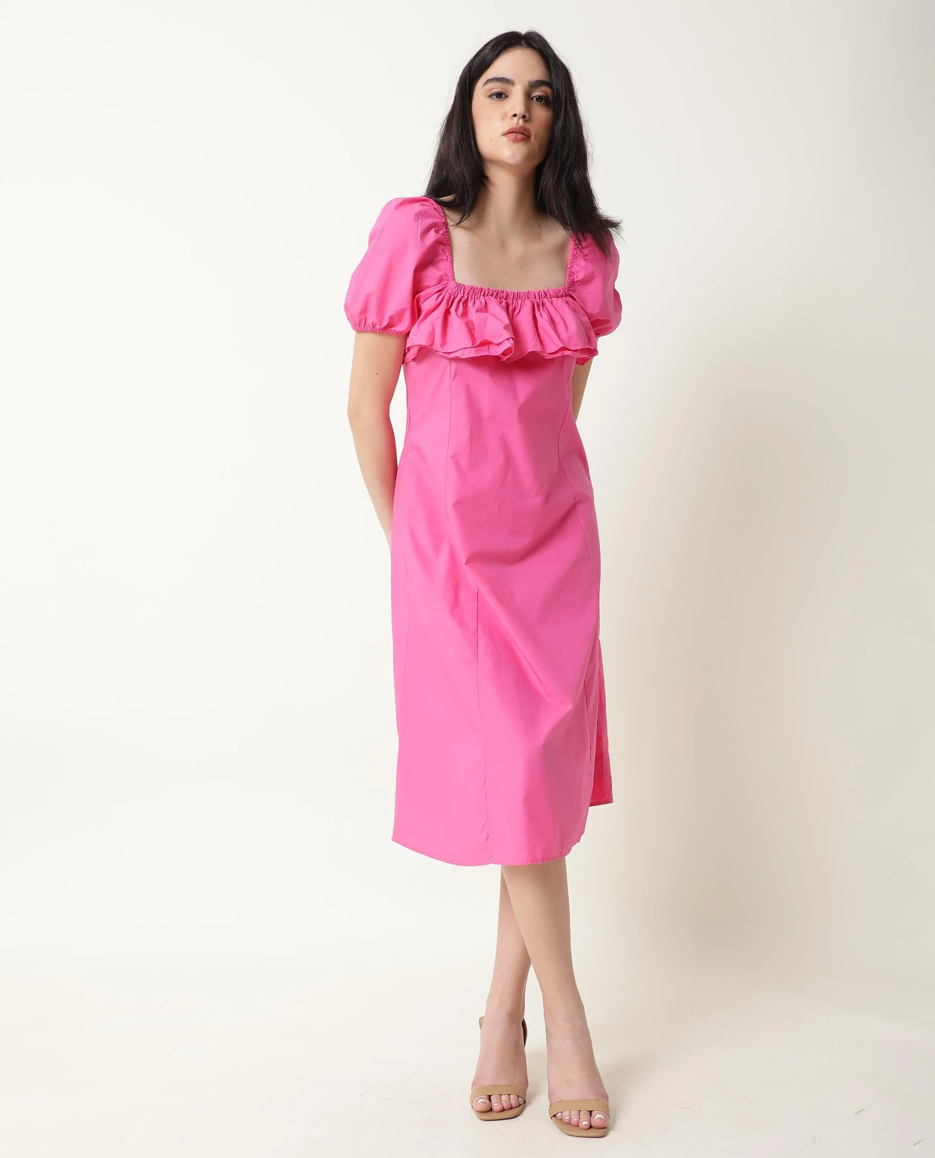 Rareism Women's Varsi Pink Sweetheart Neck Plain Midi Regular Fit Dress - Image 9
