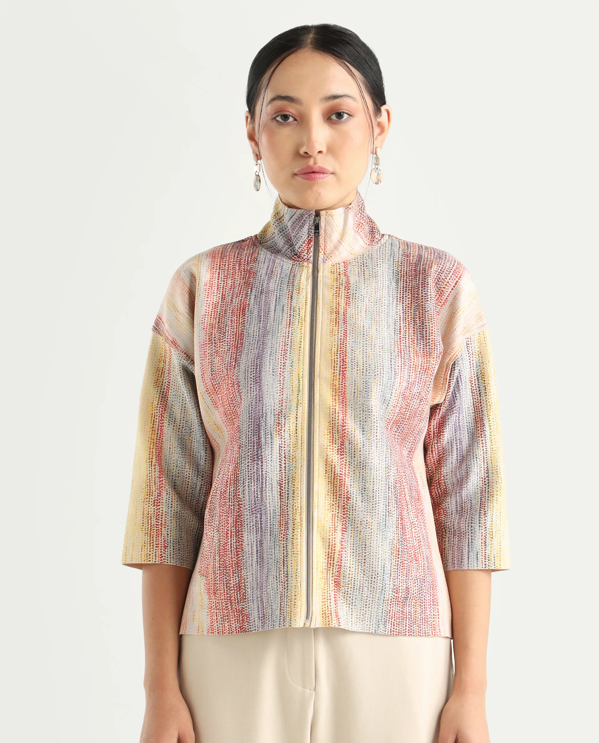Rareism Women's Vasa Light Multi Suede Stand Collar Abstract Print Boxy Fit Jacket - Image 3
