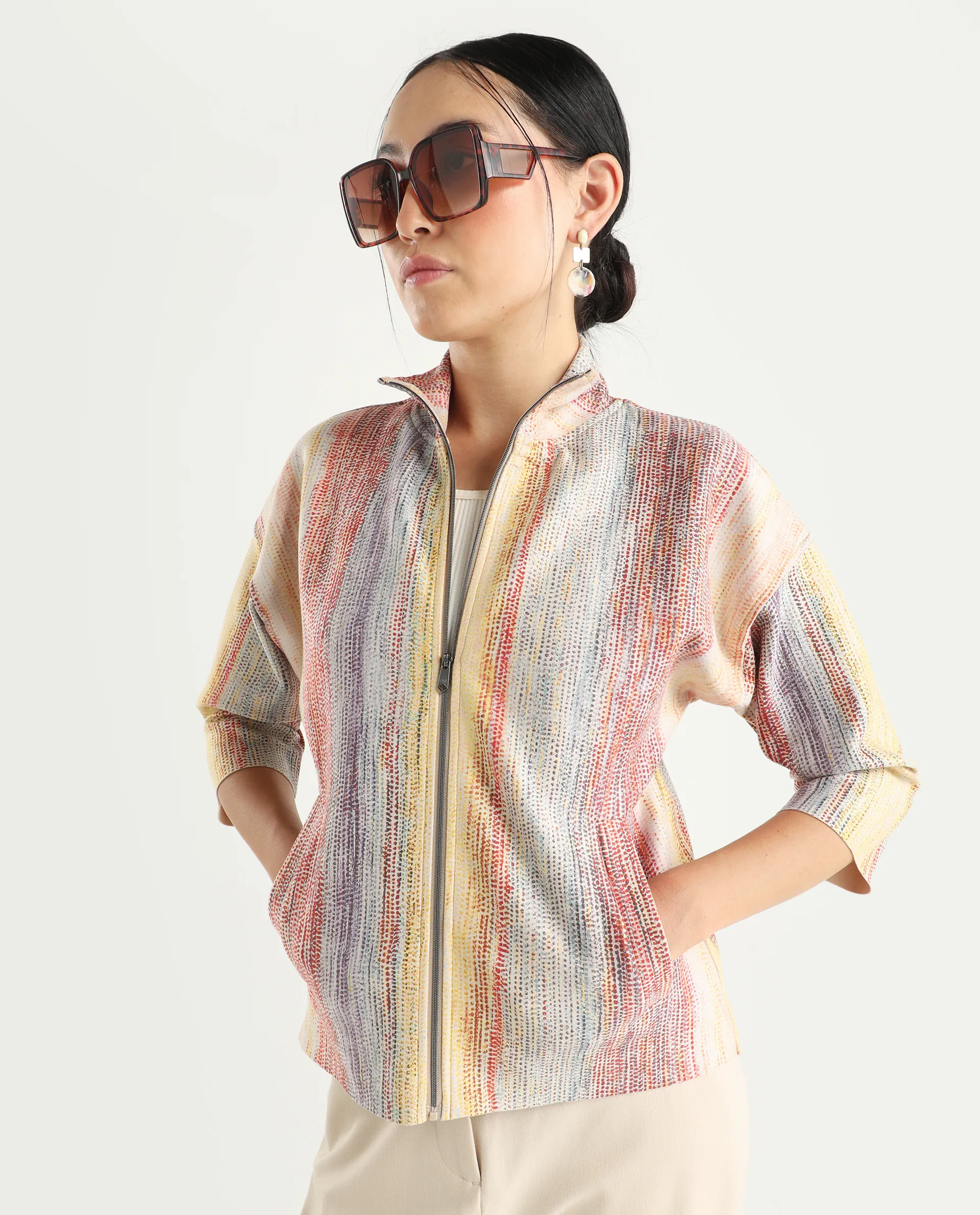 Rareism Women's Vasa Light Multi Suede Stand Collar Abstract Print Boxy Fit Jacket - Image 4