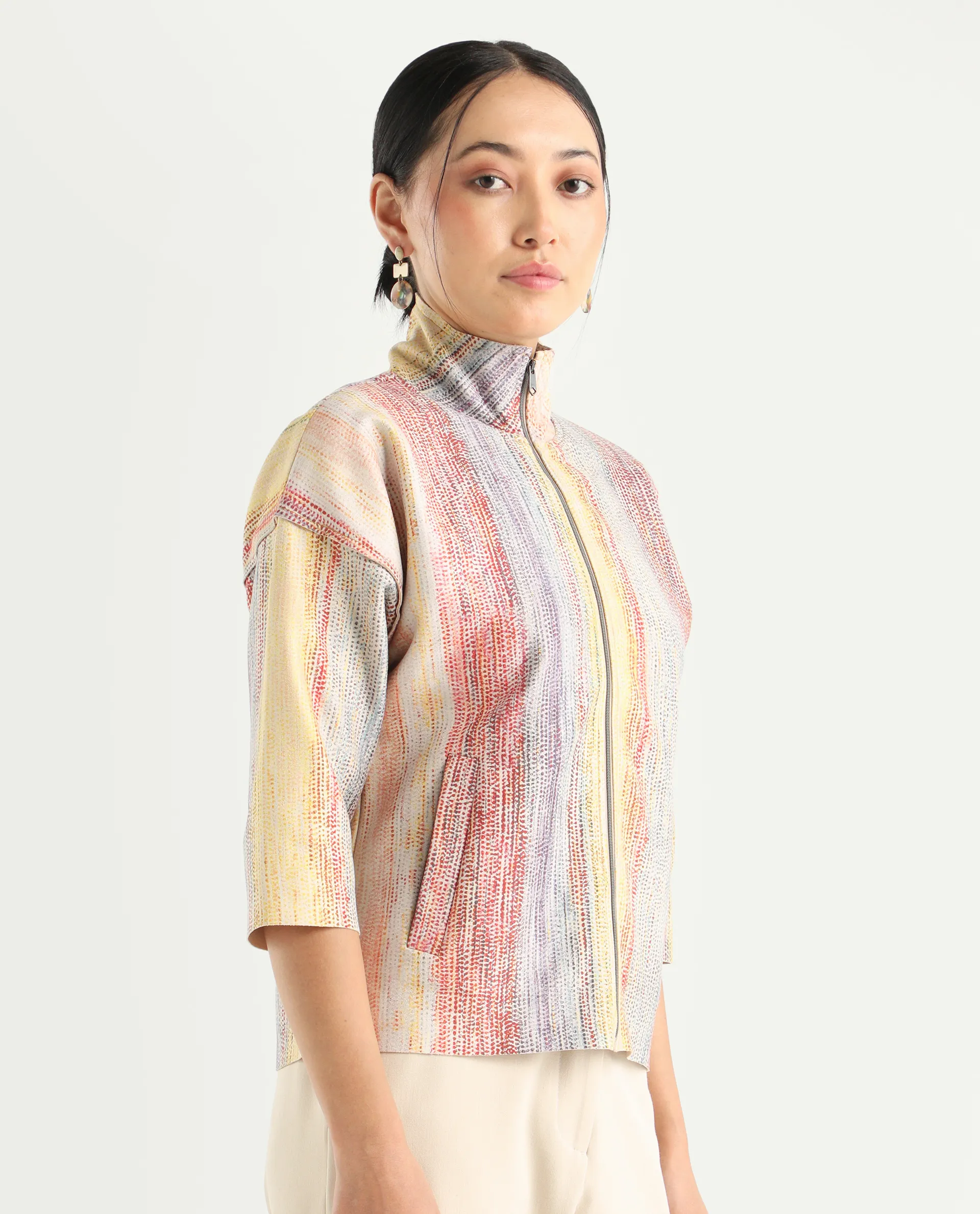 Rareism Women's Vasa Light Multi Suede Stand Collar Abstract Print Boxy Fit Jacket - Image 5