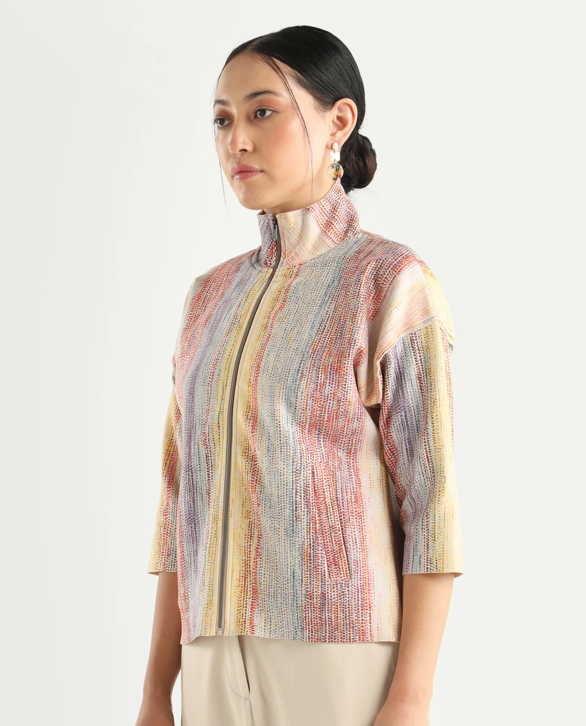 Rareism Women's Vasa Light Multi Suede Stand Collar Abstract Print Boxy Fit Jacket - Image 6