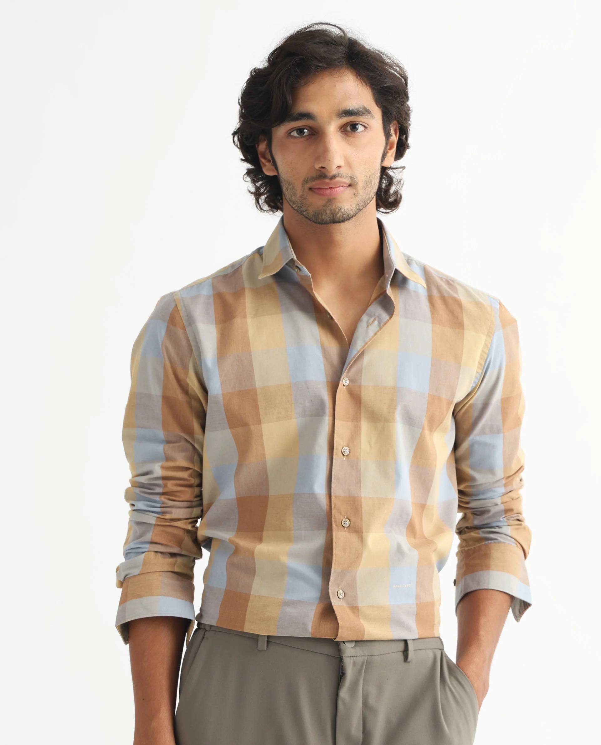 Rare Rabbit Men's Vasco Beige Cotton Checked Print Tailored Fit Full Sleeve Collared Shirt