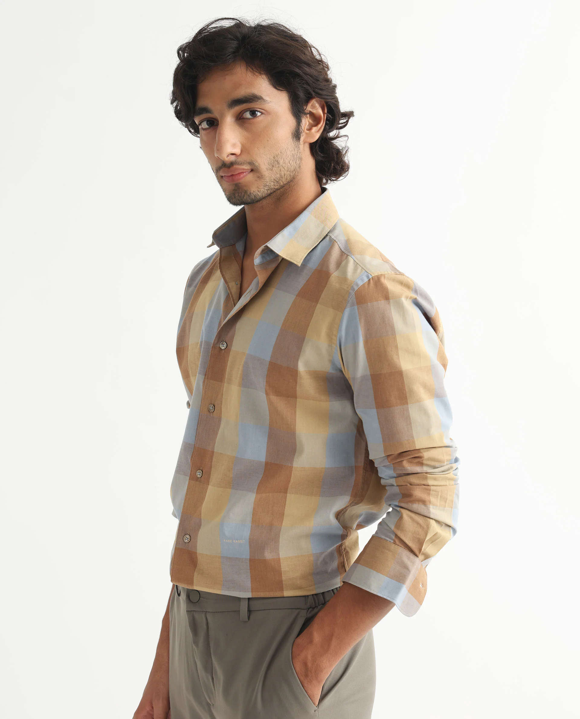 Rare Rabbit Men's Vasco Beige Cotton Checked Print Tailored Fit Full Sleeve Collared Shirt - Image 3