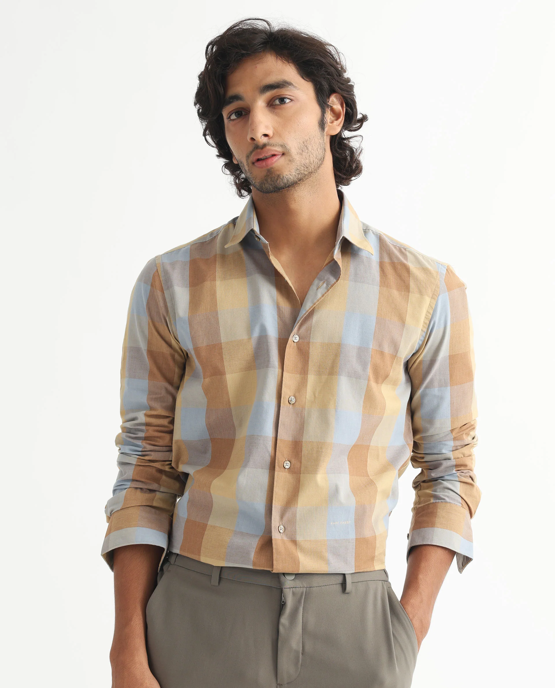 Rare Rabbit Men's Vasco Beige Cotton Checked Print Tailored Fit Full Sleeve Collared Shirt - Image 6
