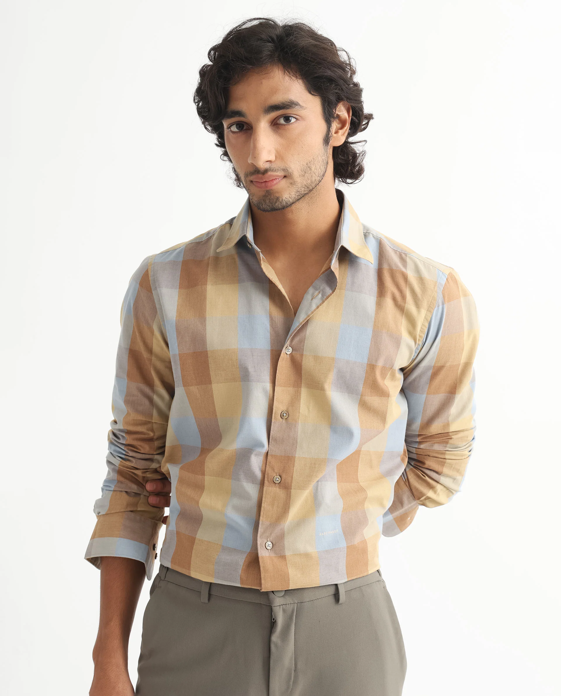 Rare Rabbit Men's Vasco Beige Cotton Checked Print Tailored Fit Full Sleeve Collared Shirt - Image 7