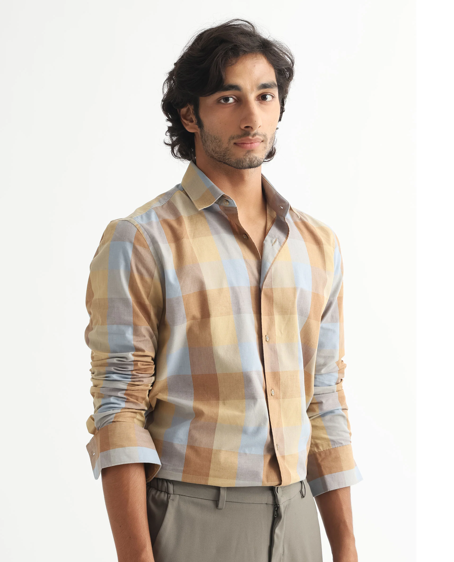 Rare Rabbit Men's Vasco Beige Cotton Checked Print Tailored Fit Full Sleeve Collared Shirt - Image 8